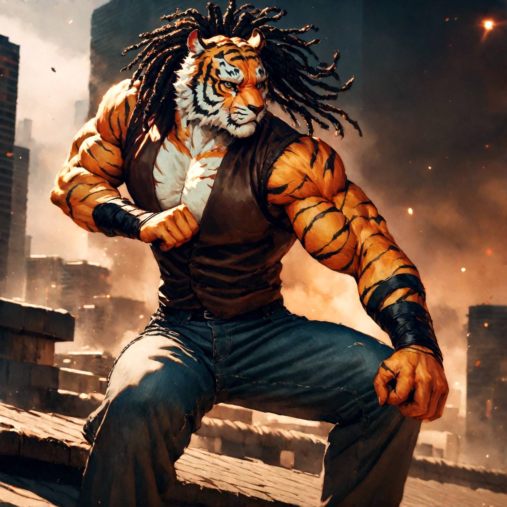 a muscular male furry tiger man, skinny, athletic, wearing leather fingerless gauntlets, long braided dreadlocks, scars and tattoos, tattered jeans, hyper detailed, 8k, photorealistic, dramatic lighting, cinematic composition, dark moody atmosphere, warm color palette has white fur on chest, is fuzzy, martial artist, action pose, on city rooftop, torn jean vest, has bloody handwraps