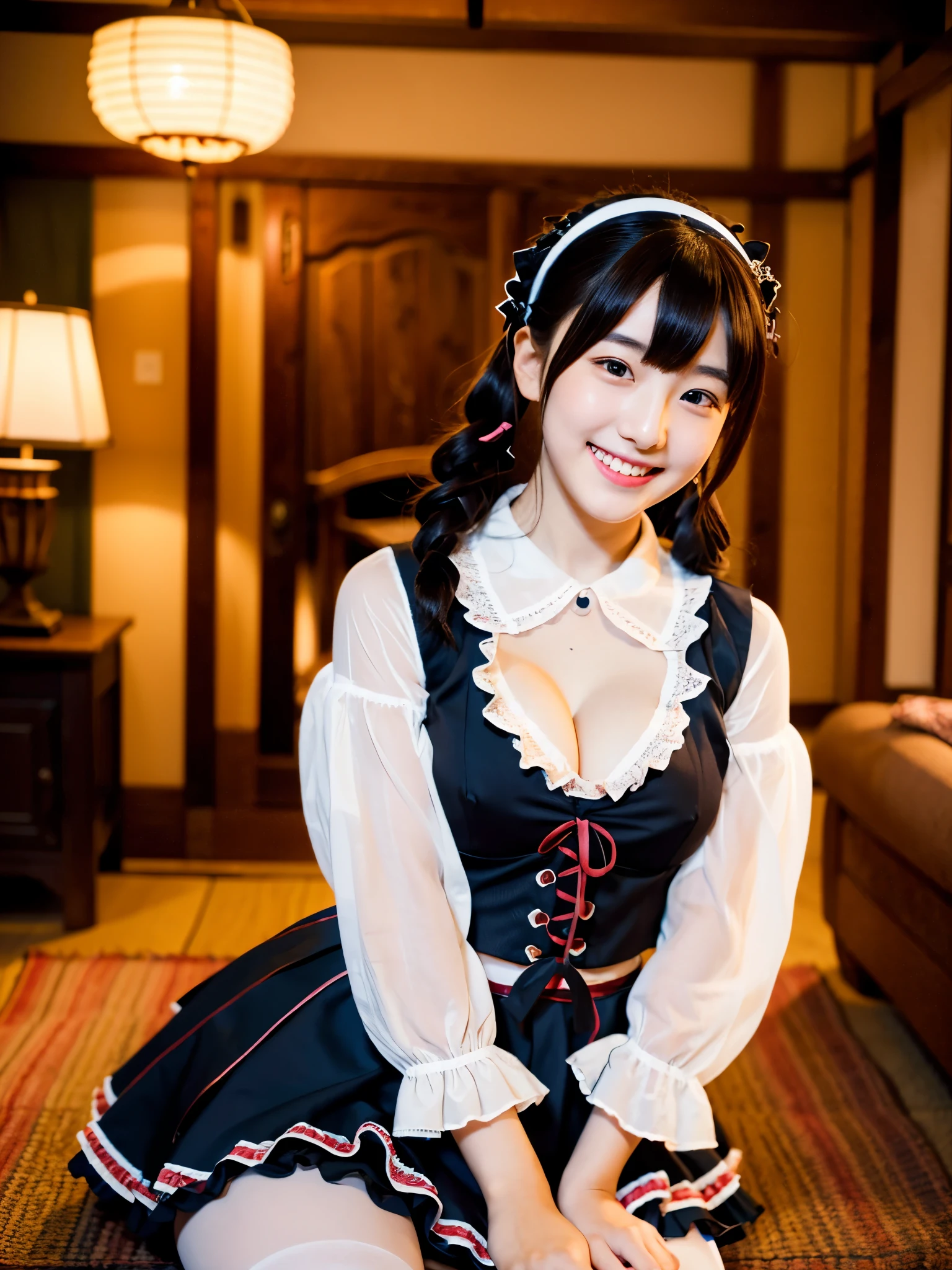 Cute face like an 18-year-old idol Smiling Kindly Japanese Gothic ta Cosplay Frills mini skirt Cleavage Slightly large bust indoor Western-style living room ((Full body portrait)) (Dim lighting) RAW Photos Ultra-high resolution Genuine live-action Realistic