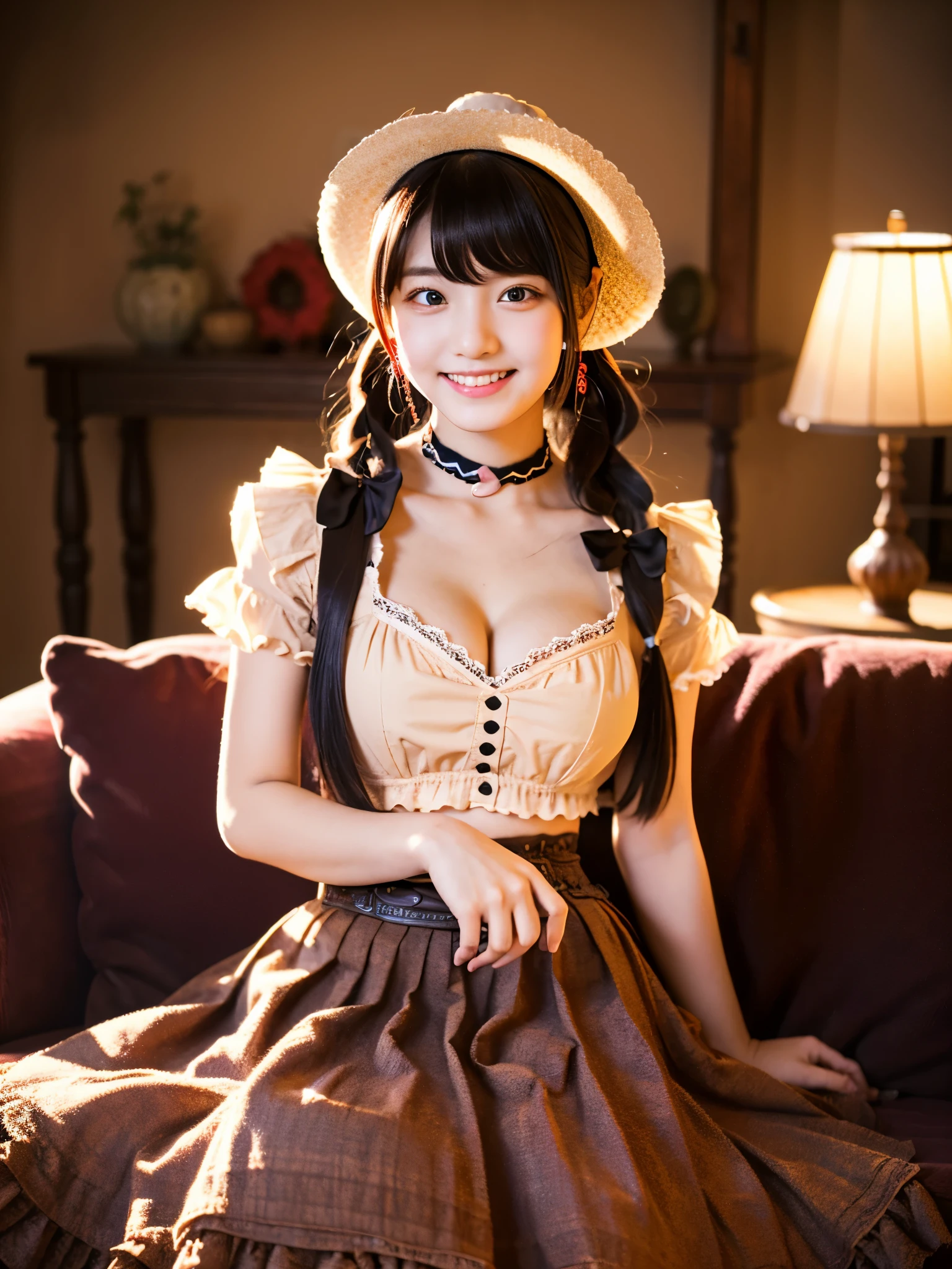 Cute face like a -yeld idSmiling Kindly　Japanese Gothic Lolita　Cosplay　Frills　mini skirt　Cleavage　Slightly large bust　indoor　Western-style living room　((Full body portrait))　(Dim lighting)　RAW Photos　Ultra-high resolution　Genuine　live-action　Realistic