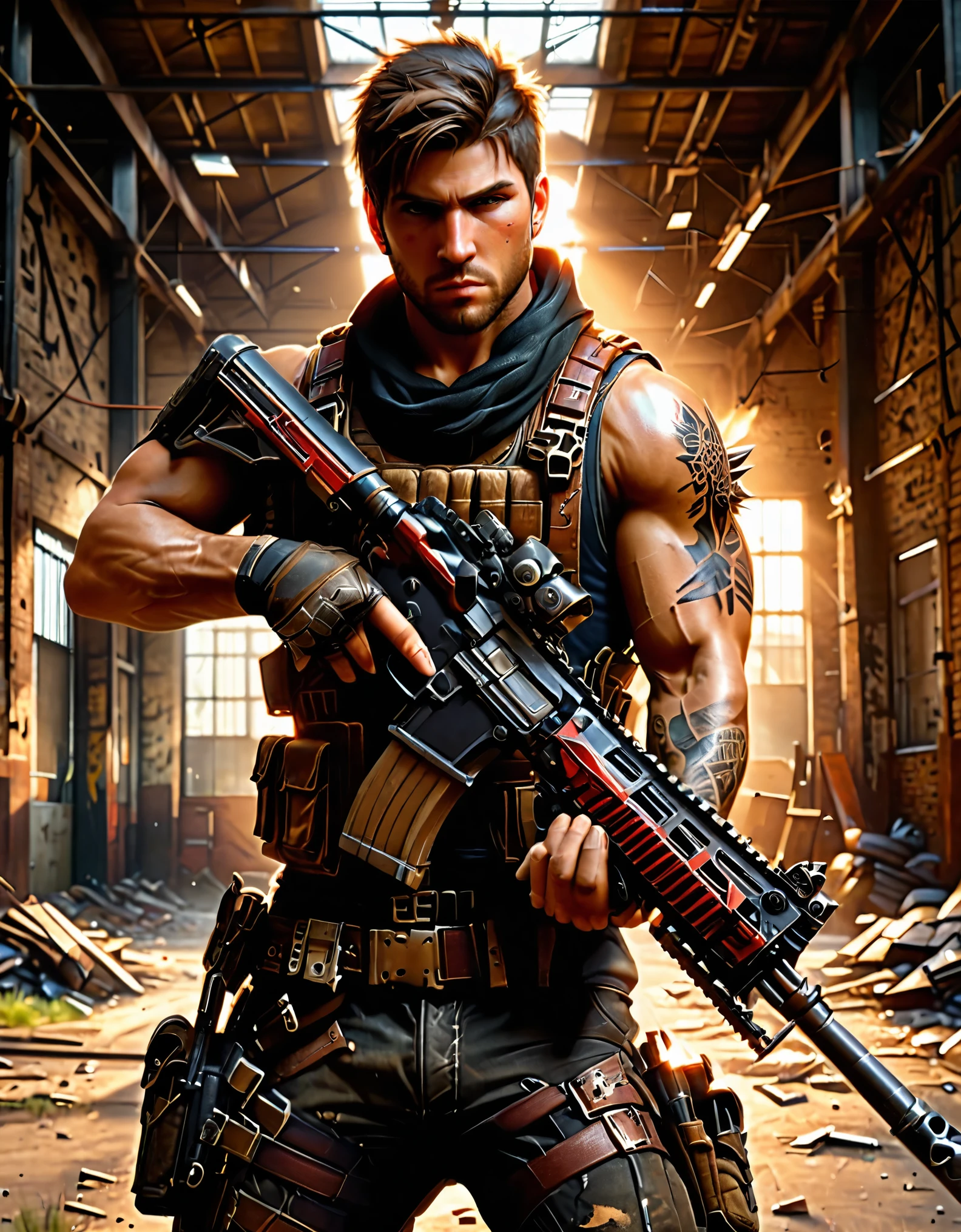 best quality, super detail, masterpiece, photography, scene: spacious abandoned warehouse, theme: mercenary, character: male gunslinger, appearance: muscular build, brown hair, short hair, spiky hair, short hair, brown eyes, action: fighting stance, facial expression: smirk, (using assault rifle), tactical vest, mafia sports tattoos, (cybernetic left arm), perspective: 4K.