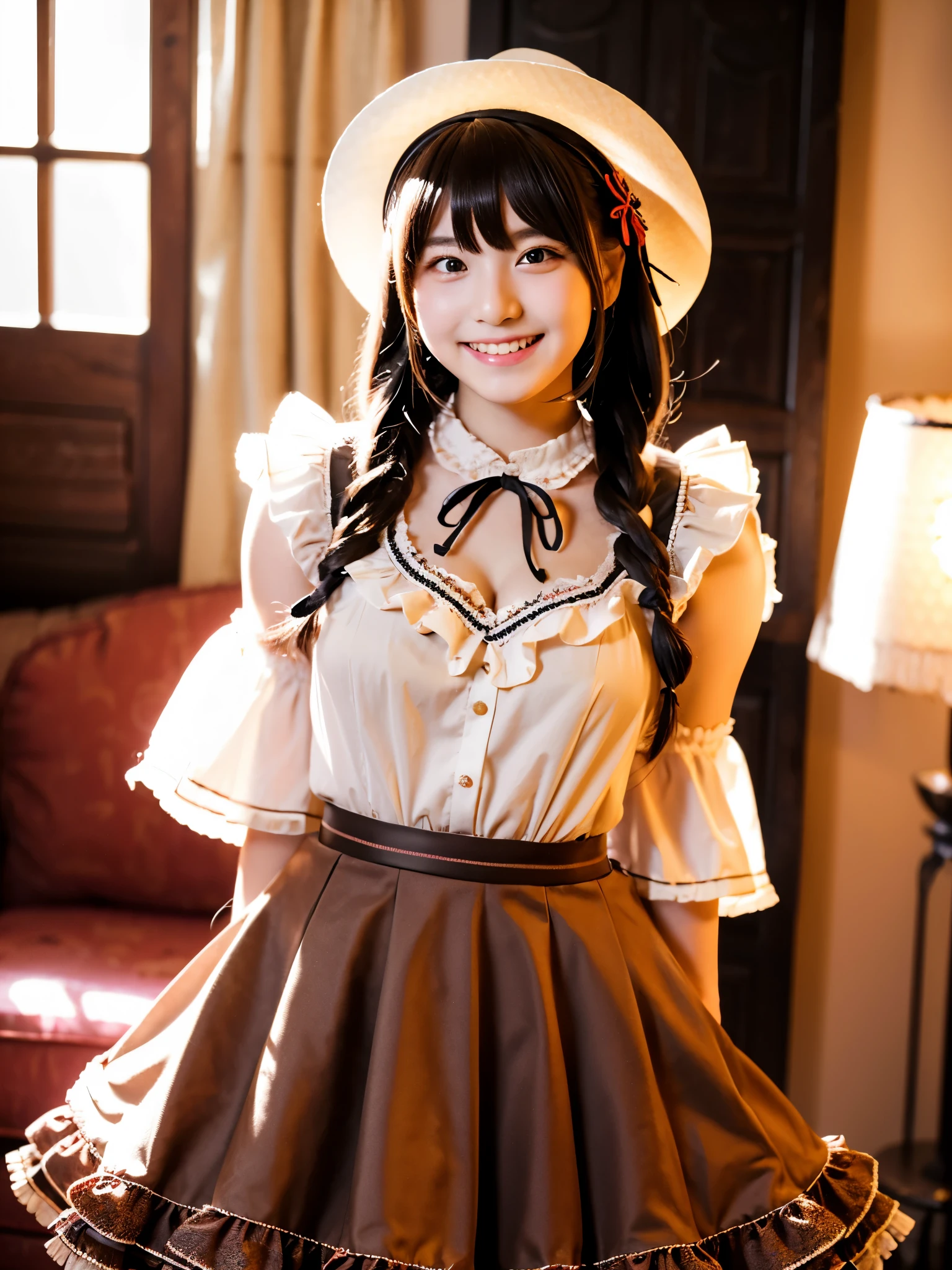 Cute face like a 15-year-old idol Smiling Kindly Japanese Gothic Lolita Cosplay Frills mini skirt Cleavage Slightly large bust indoor Western-style living room ((Full body portrait)) (Dim lighting) RAW Photos Ultra-high resolution Genuine live-action Realistic