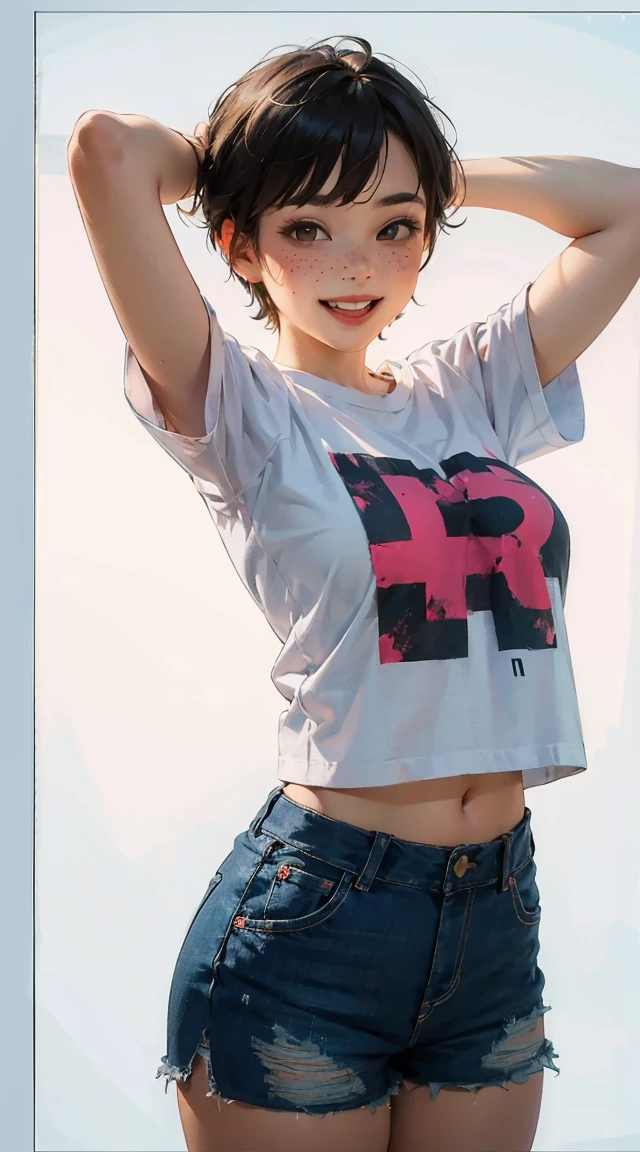 (best quality, masterpiece), 1 twenty years old woman, arms up hands behind head, smile, laughing, huge over-sized t-shirt, shorts, dark pixie haircut, freckles, blush, looking at viewer, cutesy, alluring eyes...