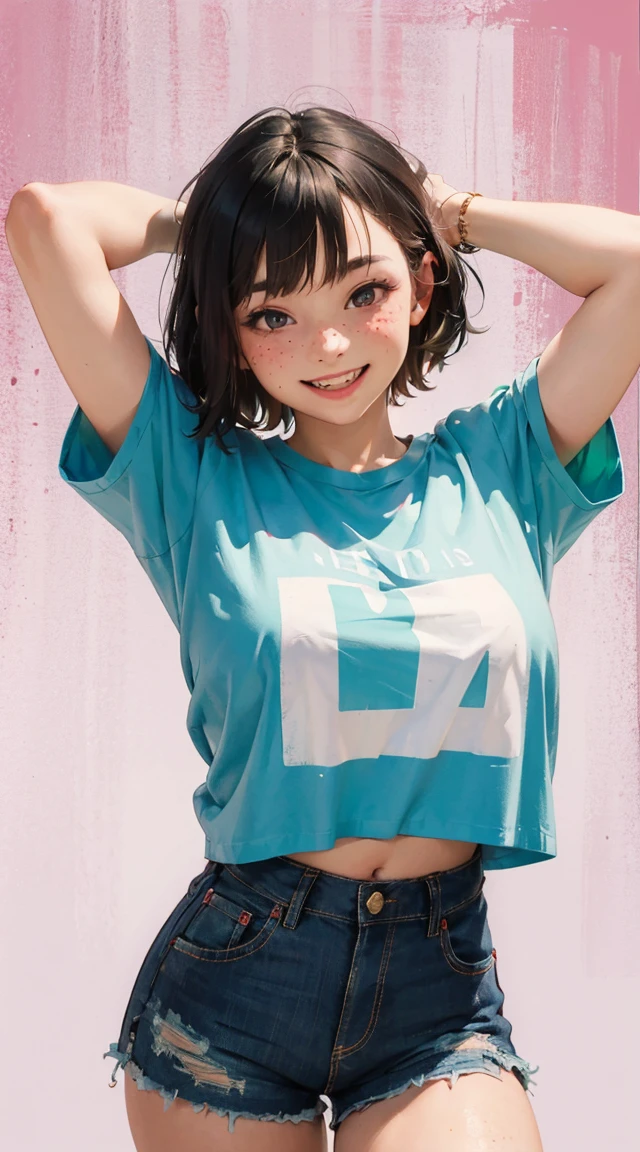 (best quality, masterpiece), 1 twenty years old woman, arms up hands behind head, smile, laughing, huge over-sized t-shirt, shorts, dark pixie haircut, freckles, blush, looking at viewer, cutesy, alluring eyes...