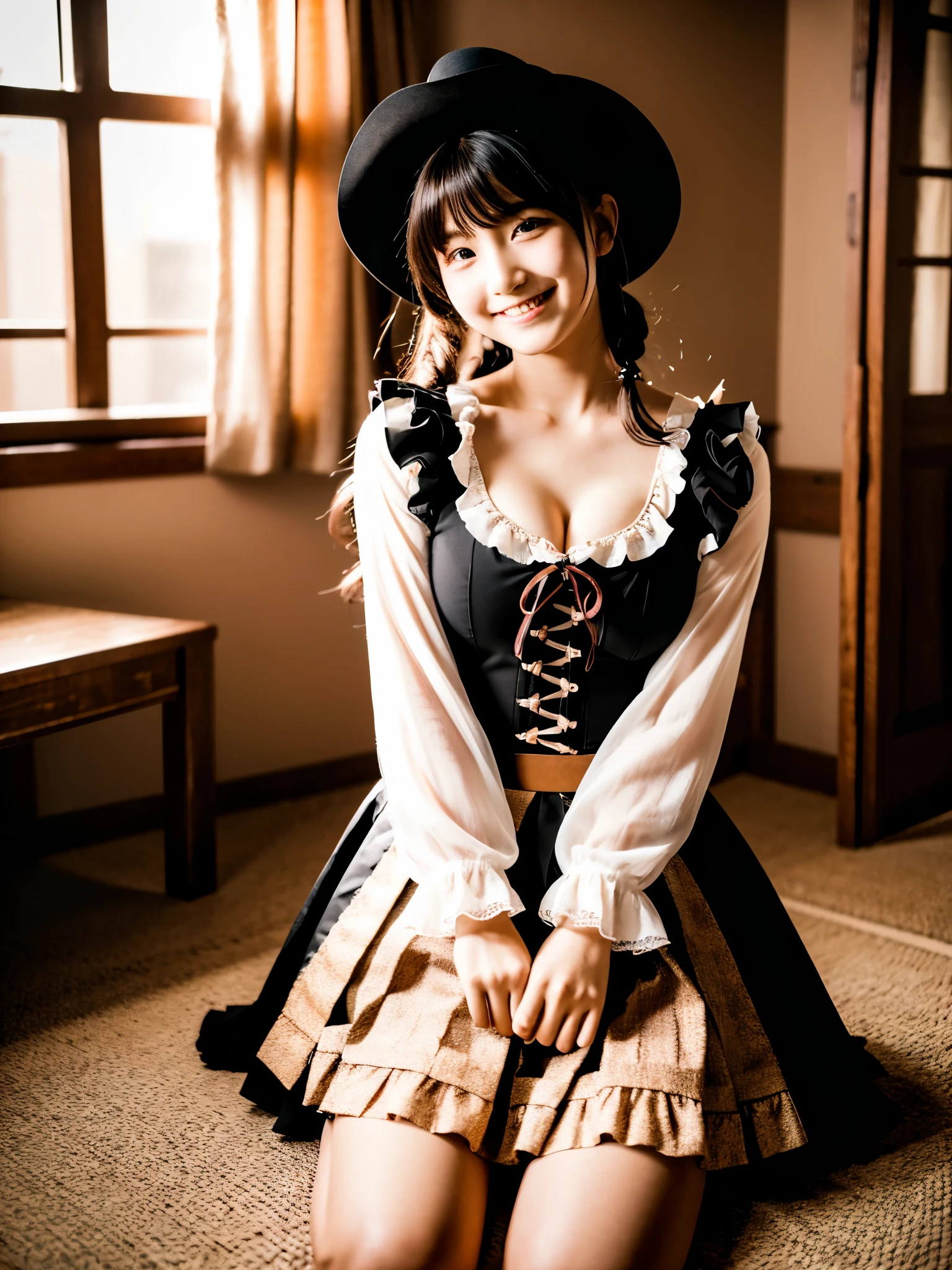 Cute face like a -yeld idSmiling Kindly　Japanese Gothic Lolita　Cosplay　Frills　mini skirt　Cleavage　Slightly large bust　indoor　Western-style living room　((Full body portrait))　(Dim lighting)　RAW Photos　Ultra-high resolution　Genuine　live-action　Realistic