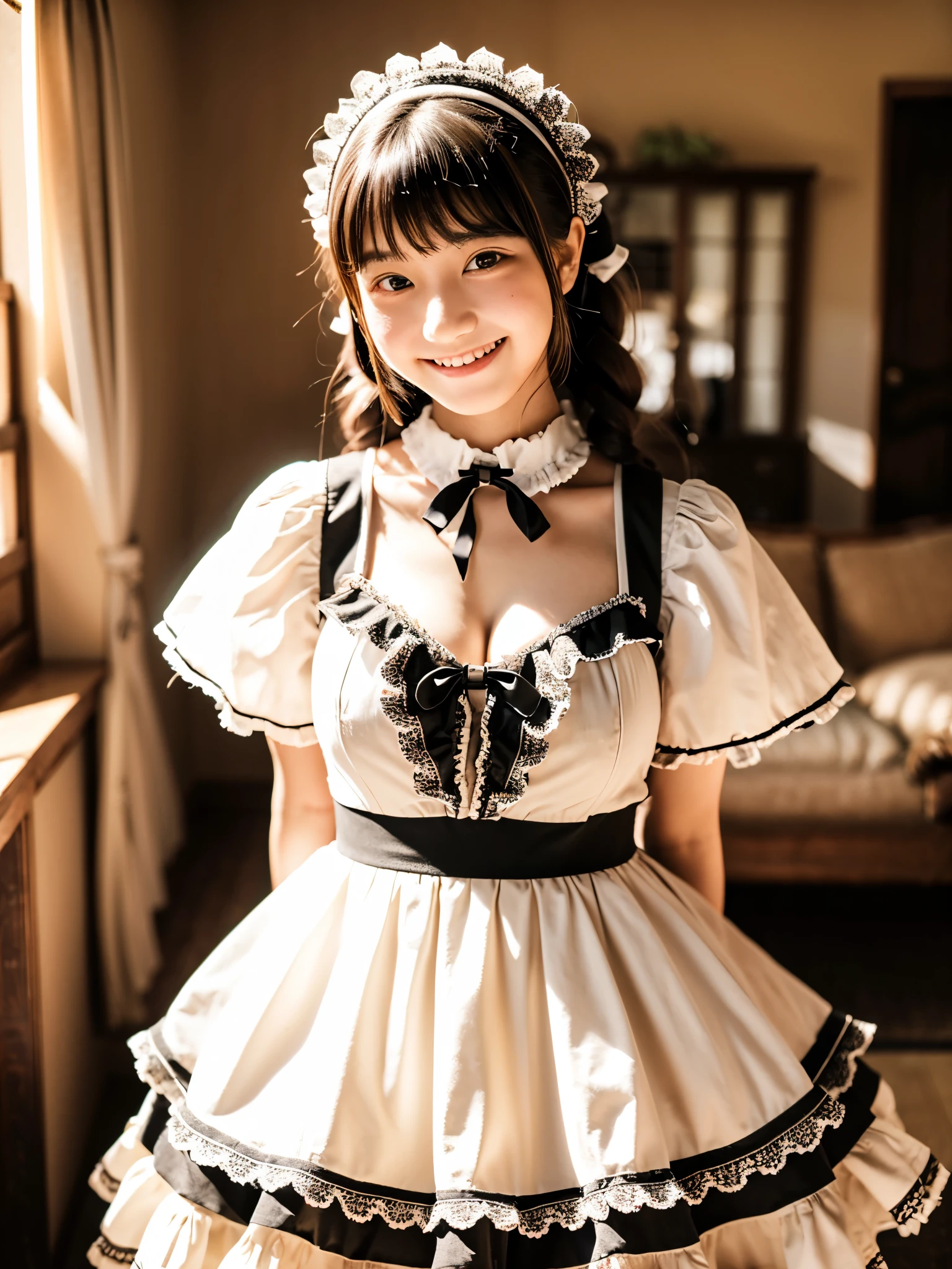 Cute face like a -yeld idSmiling Kindly　Japanese Gothic Lolita　Cosplay　Frills　Maid clothes　mini skirt　Cleavage　Slightly large bust　indoor　Western-style living room　((Full body portrait))　(Natural light)　RAW Photos　Ultra-high resolution　Genuine　live-action　Realistic