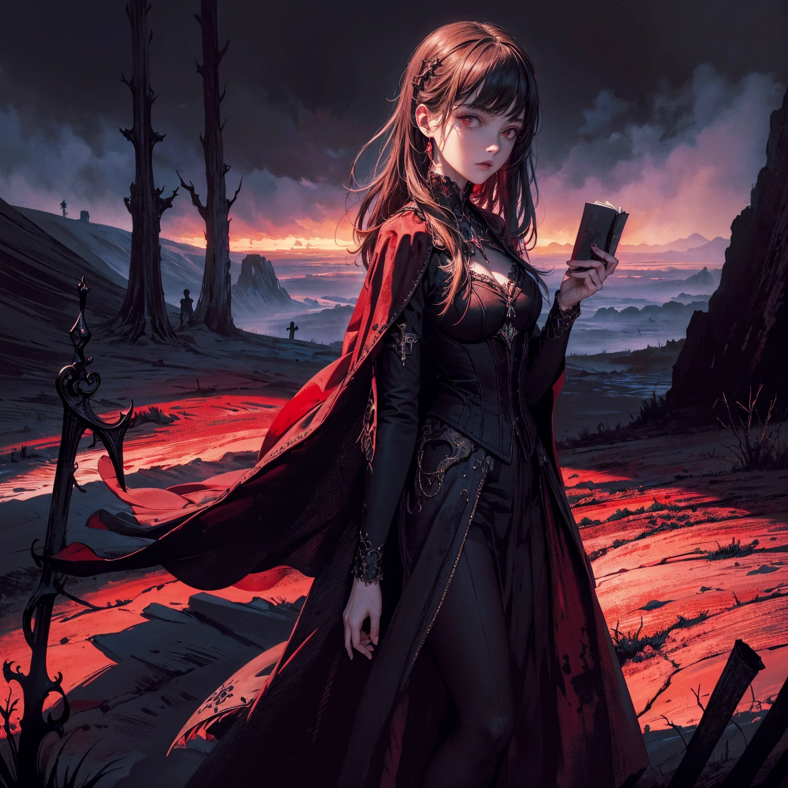best quality, 4k, High resolution, masterpiece:1.2, Extremely detailed, Practical:1.37, Mood lighting, girl, Crucified, Pitch black sky, Red Moonlight, Weird atmosphere, Gothic style, Unforgettable beauty, Dramatic shadows, Ethereal Light, Mysterious atmosphere.