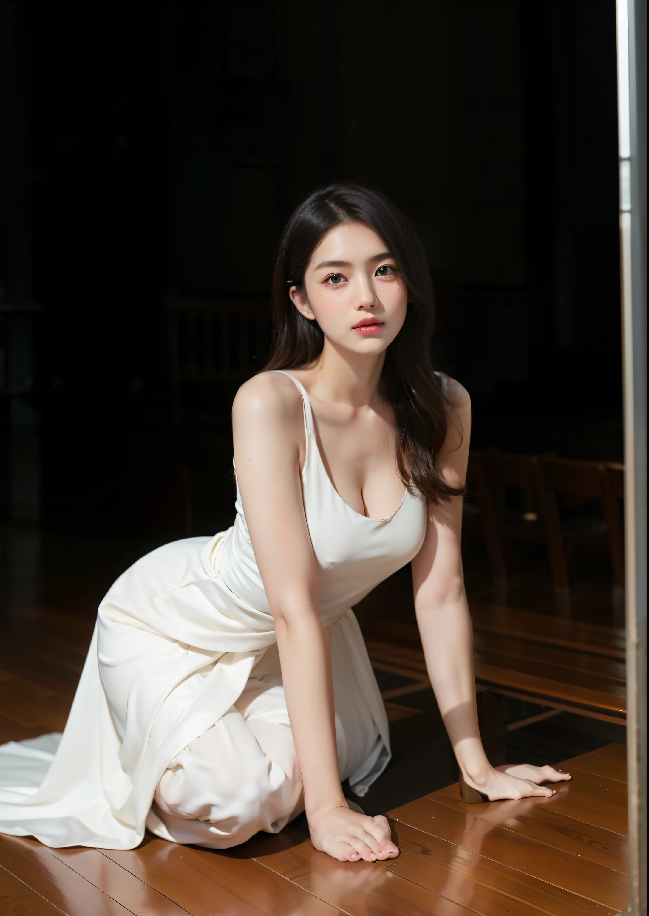 Beautiful 25 year old tall and slender woman。perfect legs. perfect face. She is fashion model. She is staying in the old classic church. She is wearing a wedding dress that a leg is visible. She is illuminated by sunset light. the evening church lights is on . her dark brawn hair. High resolution、masterpiece、highest quality、頭w:1.0、((Hasselblad Photos))、fine skin、(movie lighting)、clavicle . full body picture.