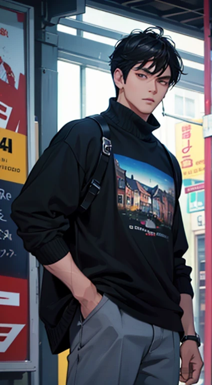 medium black hair guy, casual clothes, charming expression, handsome man, 4k, full hd, high quality