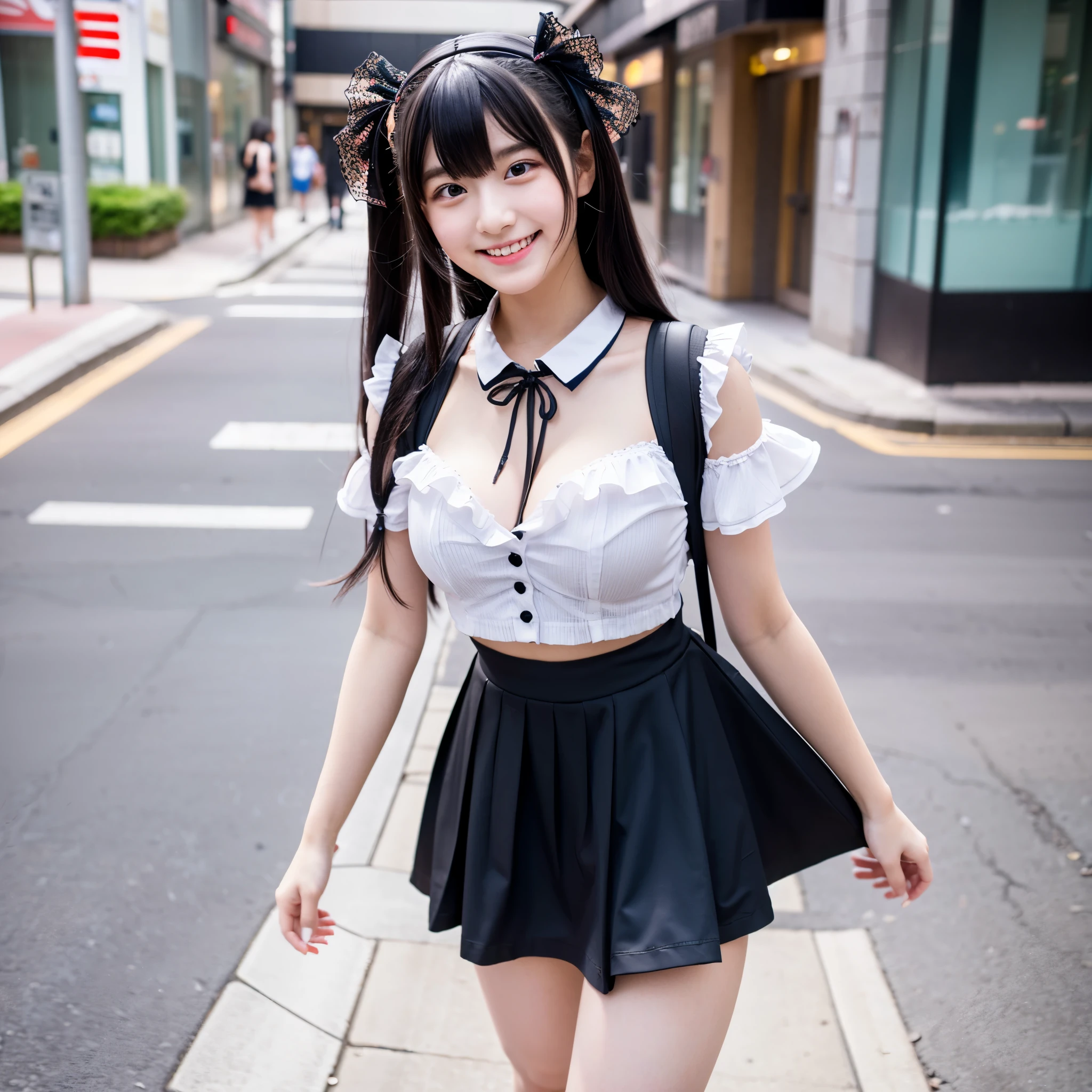 Cute face like an 18-year-old idol　Smiling Kindly　Japanese Gothic ****ta　Cosplay　Frills　mini skirt　Cleavage　Slightly large bust　Walking on urban sidewalks　Whole body　RAW Photos　Genuine　live-action　Realistic