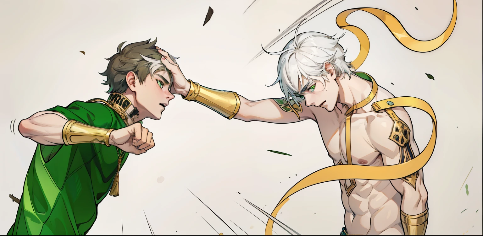 He is worried, a little scared, 17 year old young man, white hair, green eyes, golden jewelry, old green t-shirt.