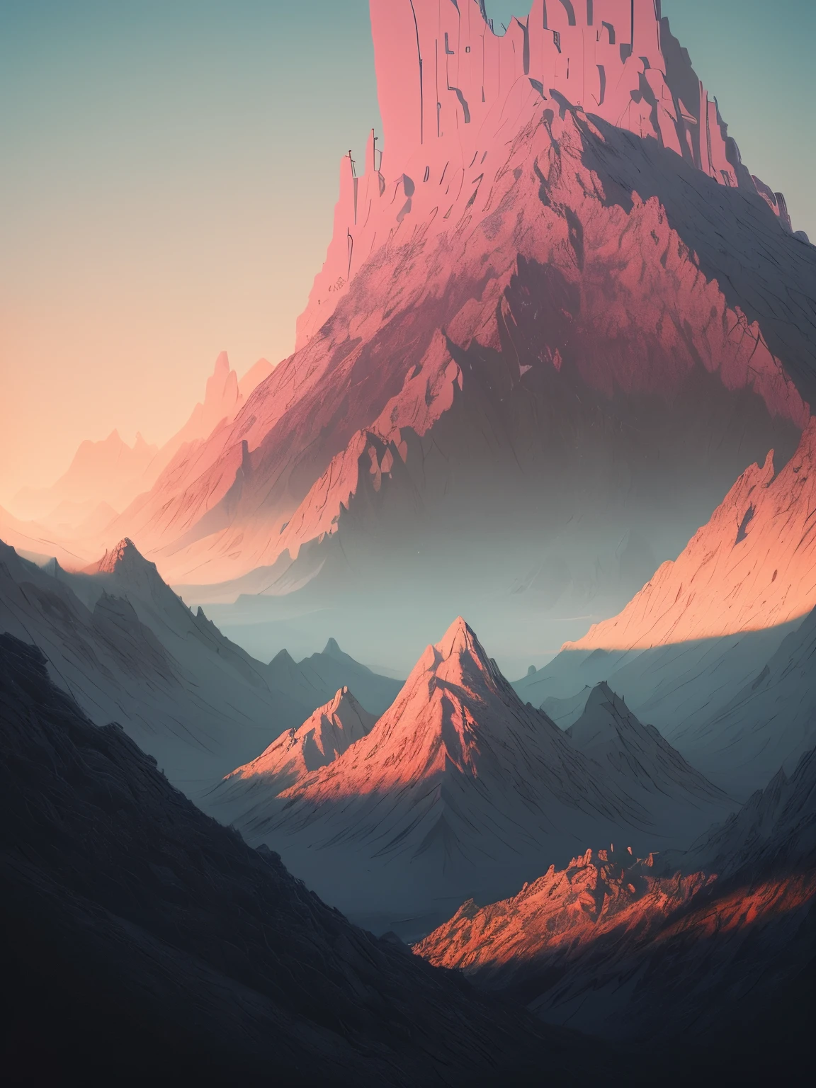 a sunset view of mountains and trees in the distance, a digital painting inspired by Mike Winkelmann, trending on behance, pixel art, beeple and mike winkelmann, realism | beeple, mountainscape, mountain sunrise, art contest winner on behance, digital art. artstation, beeple daily art, mountains and sunset!!