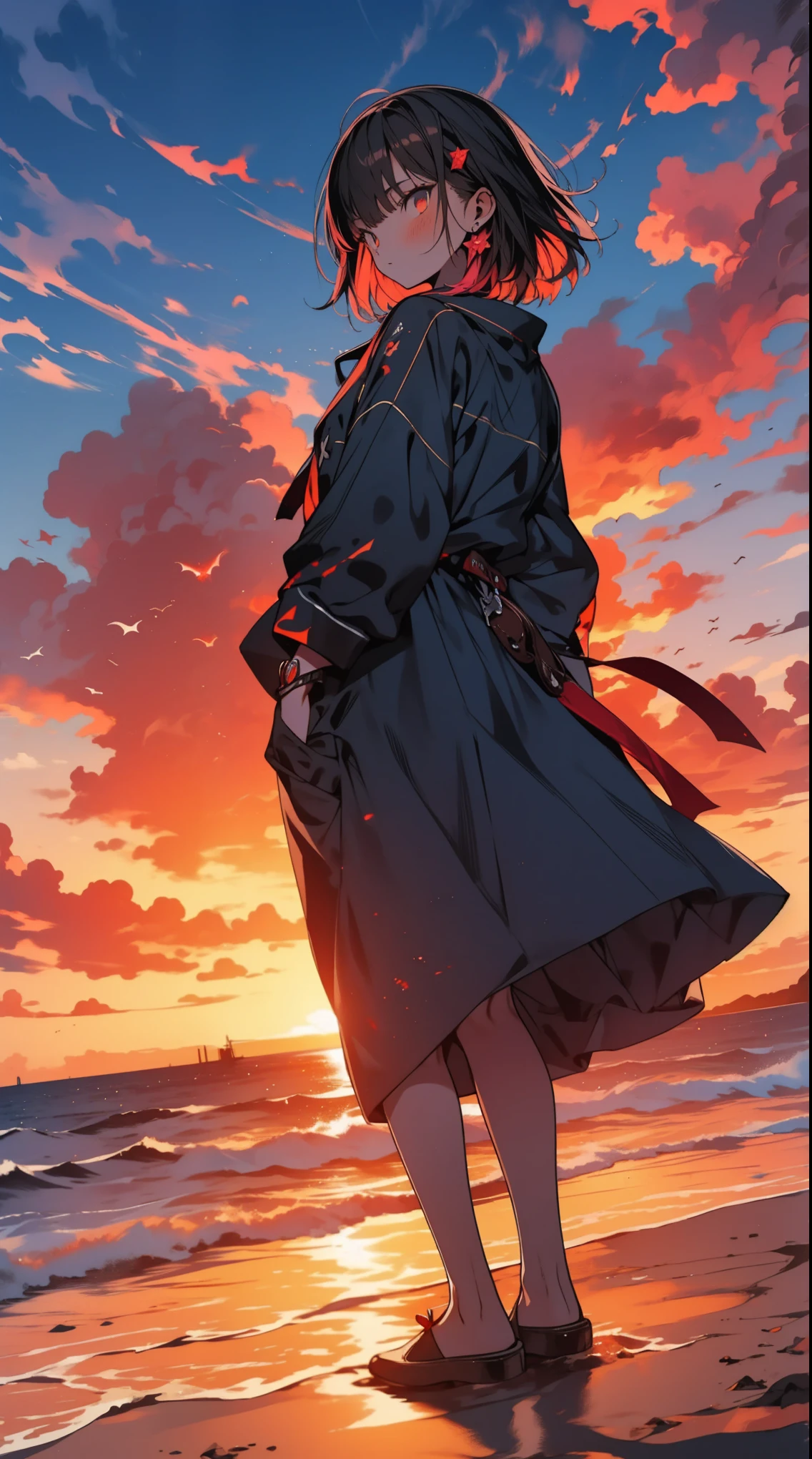 A lone girl teenager stands on a deserted beach at sunset. The sky is ablaze with fiery orange, red, and pink hues, reflecting on the dark blue ocean waves. The sand is a warm brown color, and a few white seabirds soar in the distance, fantasy world, dark background, clean design, epic, artstation, colorful paint splatter, silhouette, hyper detailed intricate details, unreal engine, fantasy, splash screen, complementary colors, deviantart masterpiece, oil painting, heavy strokes, paint dripping, indifferent expression