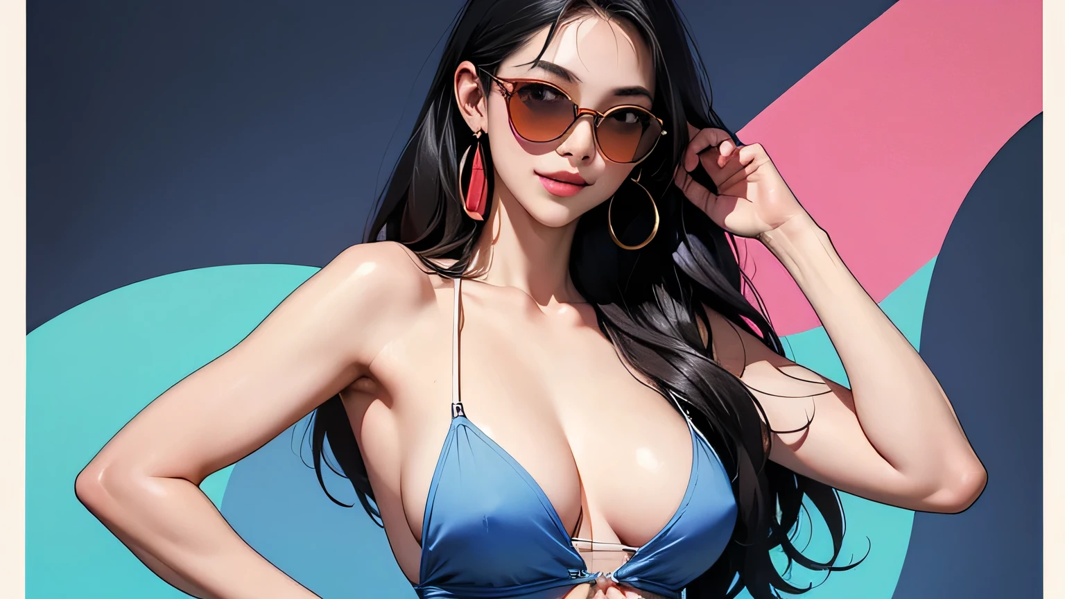 (masterpiece, best quality, 8k wallpaper, high resolution, ultra-realistic) Solo woman, Japanese girl, 18 years old, long hair, sunglasses, red long scarf around neck, (masterpiece: 1.2, best quality), (realistic, photorealistic: 1.4), (masterpiece, best quality), looking at you, navy blue school swimsuit, cleavage, D cup, sexy pose, kenpo pose, full body, best proportions, white skin, black hair, looking forward, smiling, 1970s sunglasses, psychedelic background