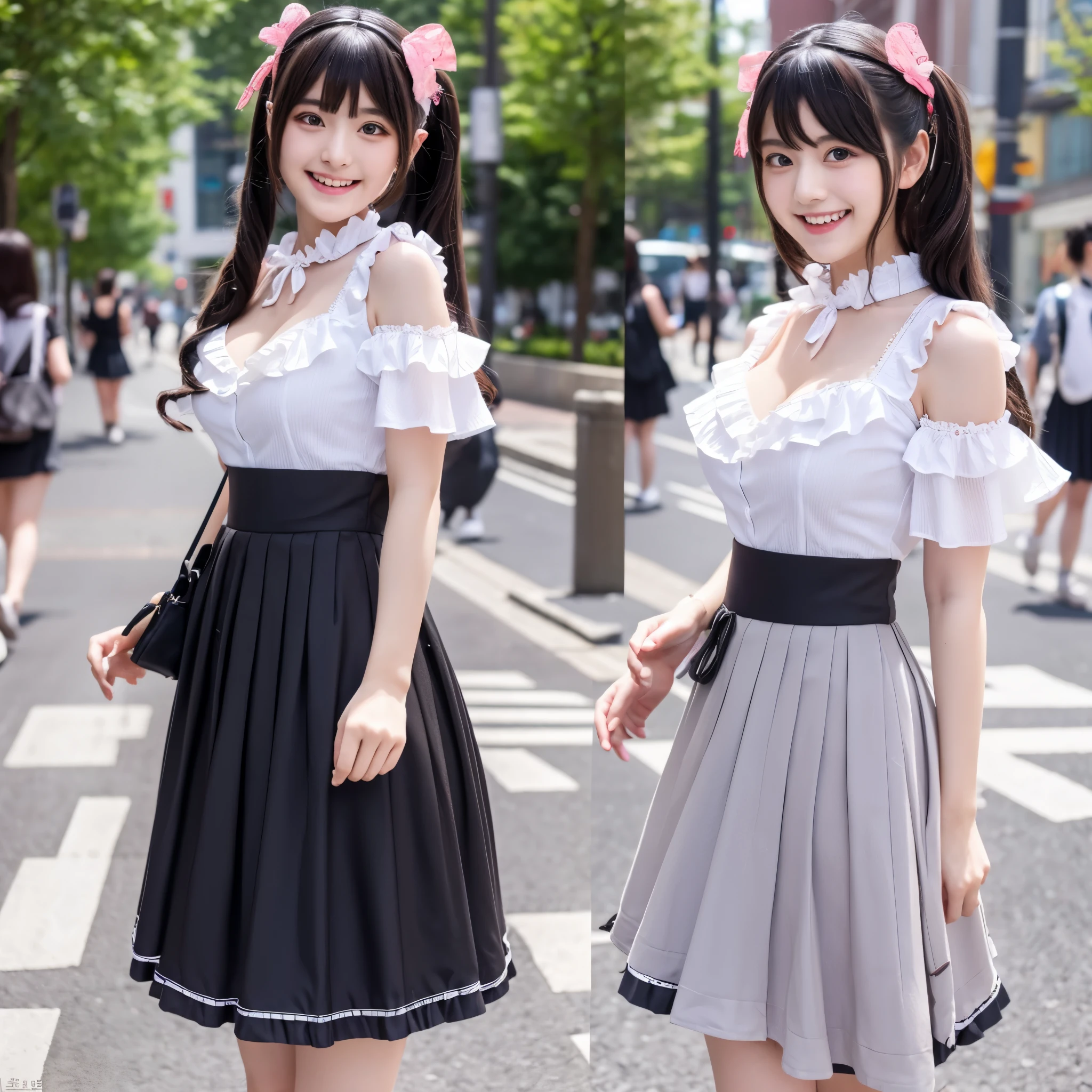Cute face like an 18-year-old idol Smiling Kindly Japanese Gothic Lolita Cosplay Frills mini skirt Cleavage Slightly large bust Walking on urban sidewalks Whole body RAW Photos Genuine live-action Realistic