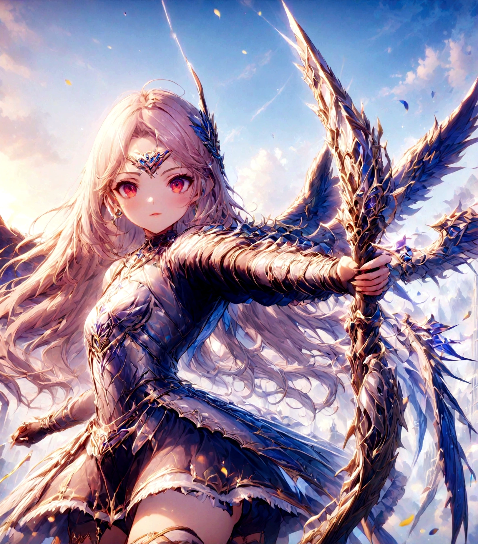 extremely detailed CG unity, best quality, masterpiece, 1girl, beautiful face, cute face, teenager, 16 years old, light blue hair, long hair, goggles on forehead, wings on goggles, red eyes color, armored dress, mini skirt, petals skirt, Blue white gold pink, thigh, sky background