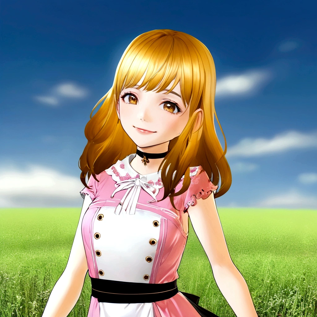 Golden Hair、Golden Eyes、Anime girl in a pink and white dress standing in a field smiling, My Dress Up Darling Anime, realistic Young Anime Girl, render of a cute 3d anime girl, Anime girl in maid outfit, 3d anime girl, Cute Anime Girl, , Anime-style 3D, Young Anime Girl, sakimi chan, Highly detailed characters