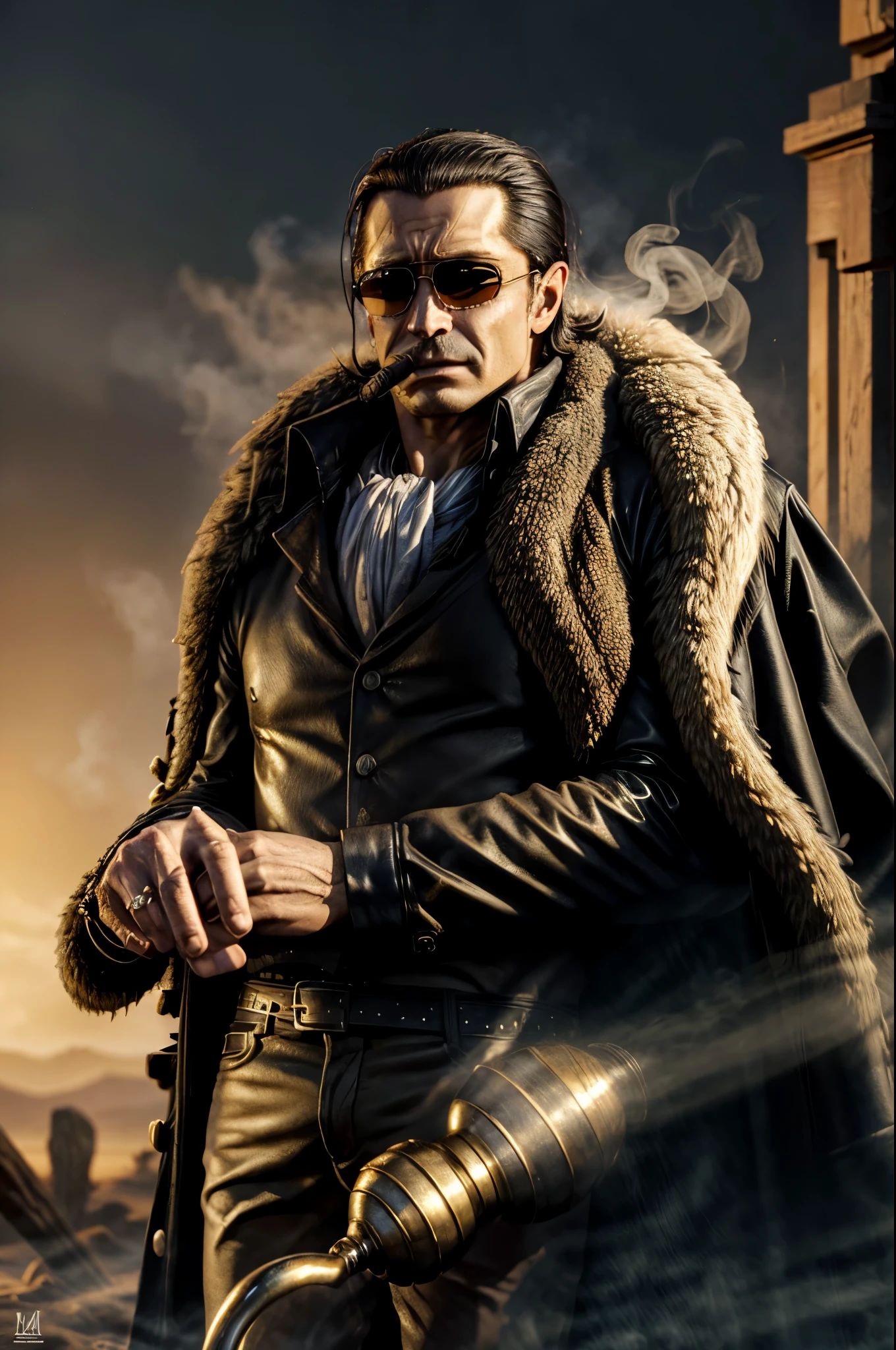 masterpiece, best quality, extremely detailed, hyperrealistic, photorealistic, a cool 40s man, ultra detailed face:1.2, fur-trimmed coat, scarf around the neck, his left hand is a golden pirate hook:1.1, in the night, nightmarish1.1, mystical fog, smoke, desert, piles of weapons, outraged, dynamic angle, cigar, sunglasses
