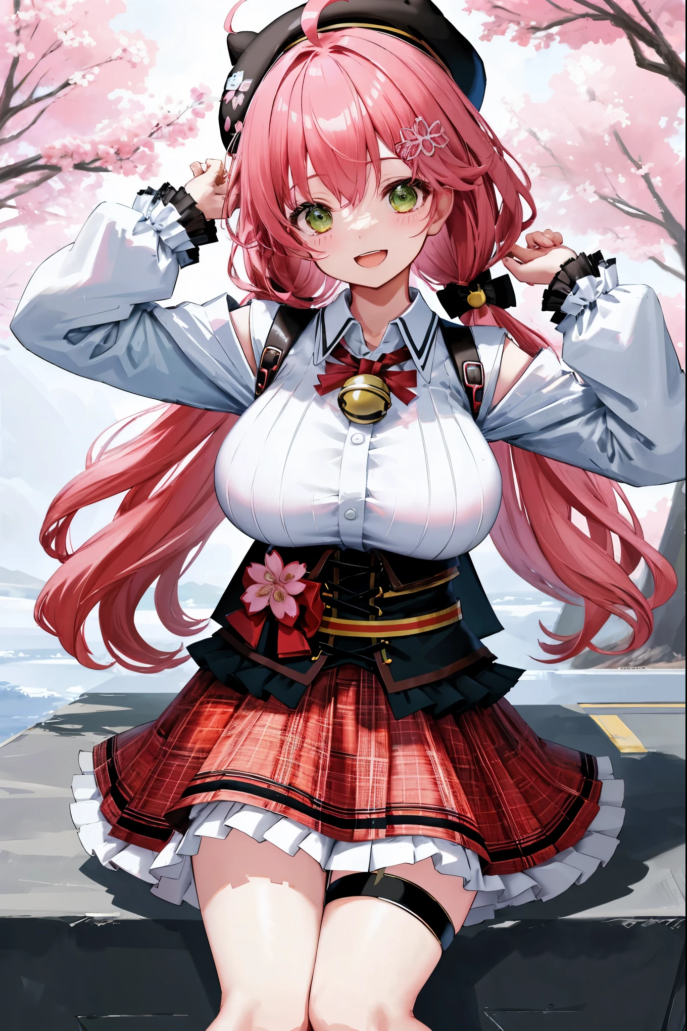 masutepiece, Best_Quality, hight_resolution, miko2,Ponytail, 1girl, young_,Ahoge, black headwear, Hair Ornament, White shirt, black thighhighs, Pink hair, Red_skirt, very_short_skirt, plaid skirts, garter_strap, Collared shirt, hair clips, frilld, Bangs, hair between eye, frills skirt, beret, Pleated skirt, Hair Flower, Neck bell, , puffy long sleeves, Black bow, Underbust, Cowboy Shot,Smile, (gigantic_breasts:1.3),covered_nipples, covered_pussy,green_eyes, happy, childlike_posing,spread_legs,(big_smile:1.2),plump,open_mouth,shout,half_eyes,cherryblossom_park_background,