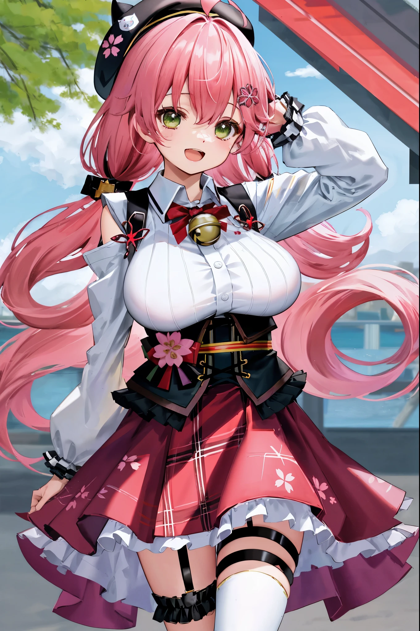masutepiece, Best_Quality, hight_resolution, miko2,Ponytail, 1girl, young_,Ahoge, black headwear, Hair Ornament, White shirt, black thighhighs, Pink hair, Red_skirt, very_short_skirt, plaid skirts, garter_strap, Collared shirt, hair clips, frilld, Bangs, hair between eye, frills skirt, beret, Pleated skirt, Hair Flower, Neck bell, , puffy long sleeves, Black bow, Underbust, Cowboy Shot,Smile, (gigantic_breasts:1.3),covered_nipples, covered_pussy,green_eyes, happy, childlike_posing,spread_legs,(big_smile:1.2),plump,open_mouth,shout,half_eyes,cherryblossom_park_background,
