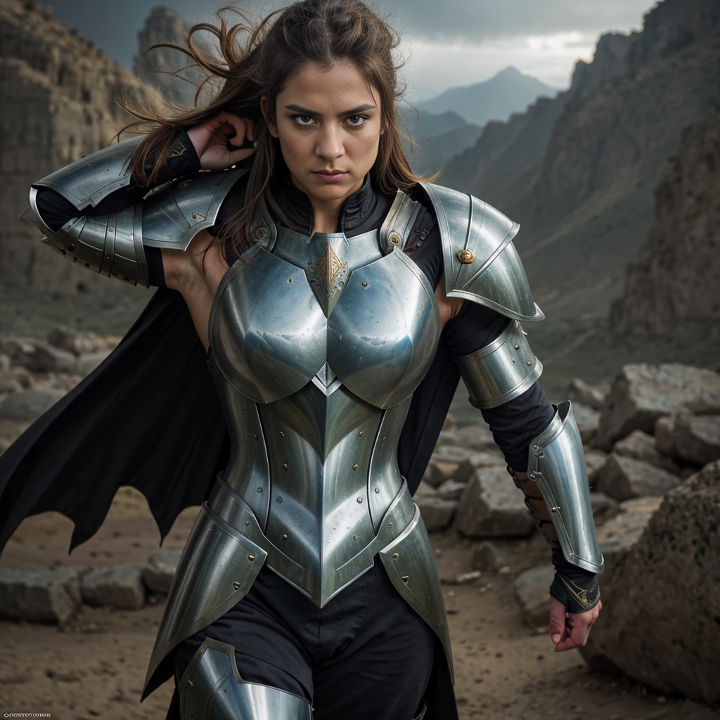 a female warrior, intricate detailed armor, detailed metal armor, detailed battle-worn armor, highly detailed muscular female physique, detailed facial features, piercing eyes, determined expression, flowing long hair, dynamic action pose, sweeping cape, medieval fantasy setting, dramatic lighting, cinematic composition, moody color palette, dramatic chiaroscuro, gritty and realistic, masterpiece, best quality, 8k, highres, (photorealistic:1.37), volumetric lighting, digital painting