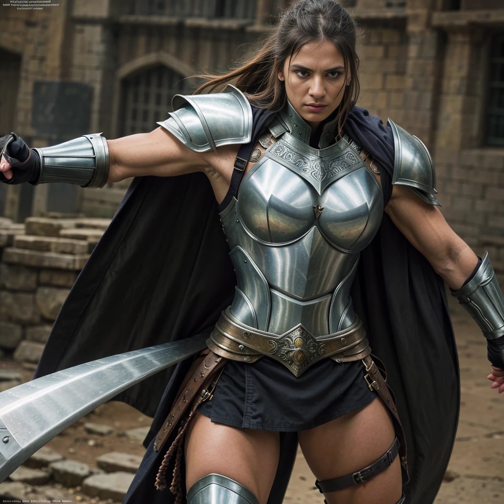 a female warrior, intricate detailed armor, detailed metal armor, detailed battle-worn armor, highly detailed muscular female physique, detailed facial features, piercing eyes, determined expression, flowing long hair, dynamic action pose, sweeping cape, medieval fantasy setting, dramatic lighting, cinematic composition, moody color palette, dramatic chiaroscuro, gritty and realistic, masterpiece, best quality, 8k, highres, (photorealistic:1.37), volumetric lighting, digital painting