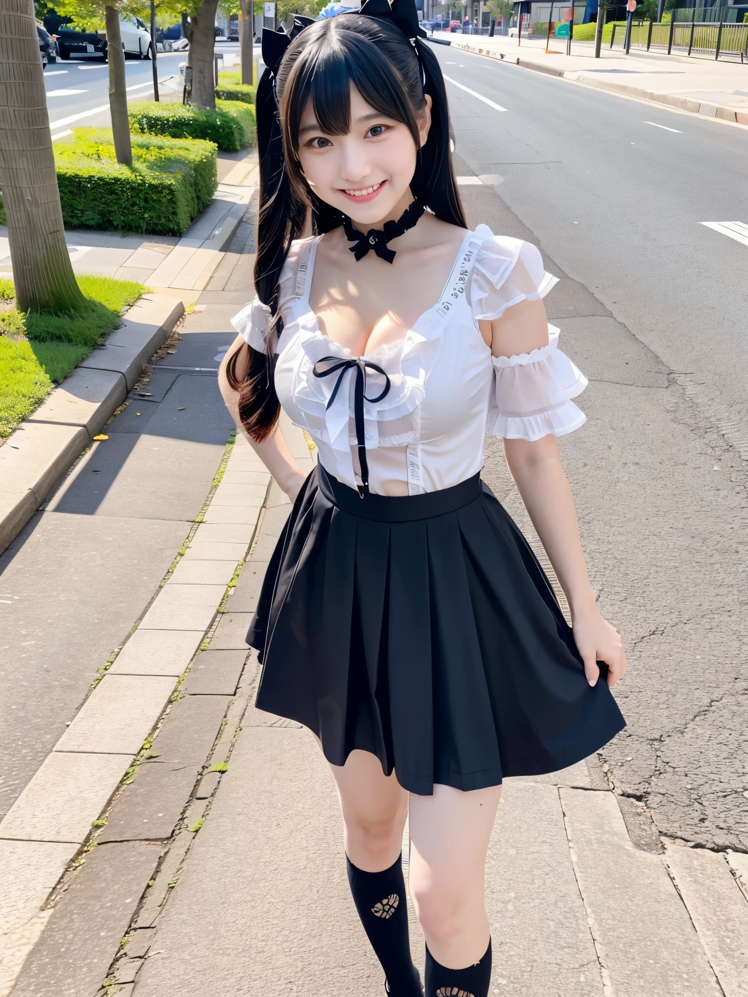 Cute face like an 18-year-old idol Smiling Kindly Japanese Gothic ta Cosplay Frills mini skirt Cleavage Slightly large bust Walking on urban sidewalks Whole body RAW Photos Genuine live-action Realistic
