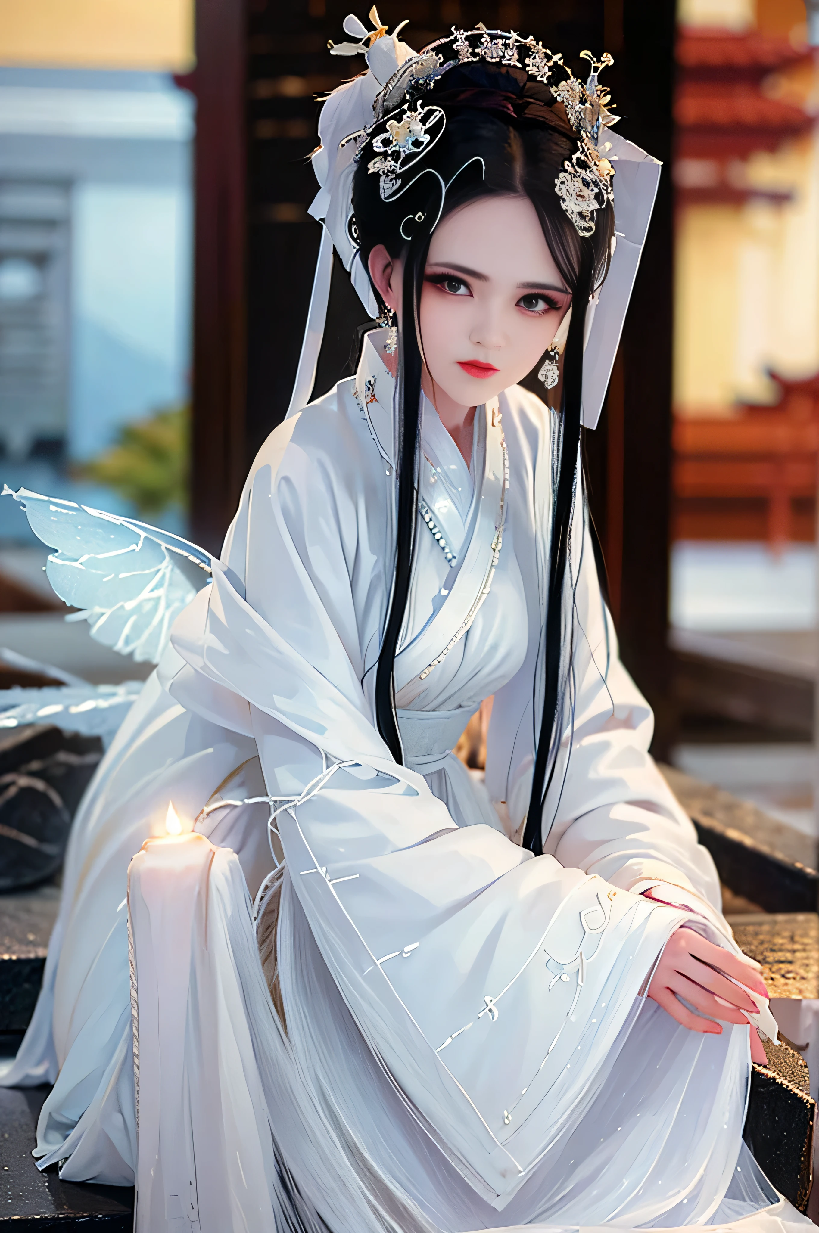 (skindentation:1.5), Realistic, Photorealistic, (masterpiece:1.5), concept art, intricate details, highly detailed, photorealistic, octane render, 8k, unreal engine, dynamic pose, best quality, highres, (realistic face:1.1), (hyperrealistic:1.1), (((full body))), perfect eyes,(shiny skin:1.2), perfect hand, extremely detailed background, ((devilish eyes)), ((1girl)), ((detailed eyes, high quality eyes, high quality face)), long black hair, messy ponytail, dramatic, depth of field, bokeh, 4k, beautiful bride, ((White chiffon Chinese style fairy dress)), chinese garden background, looking into the distance, dancing, fire magic