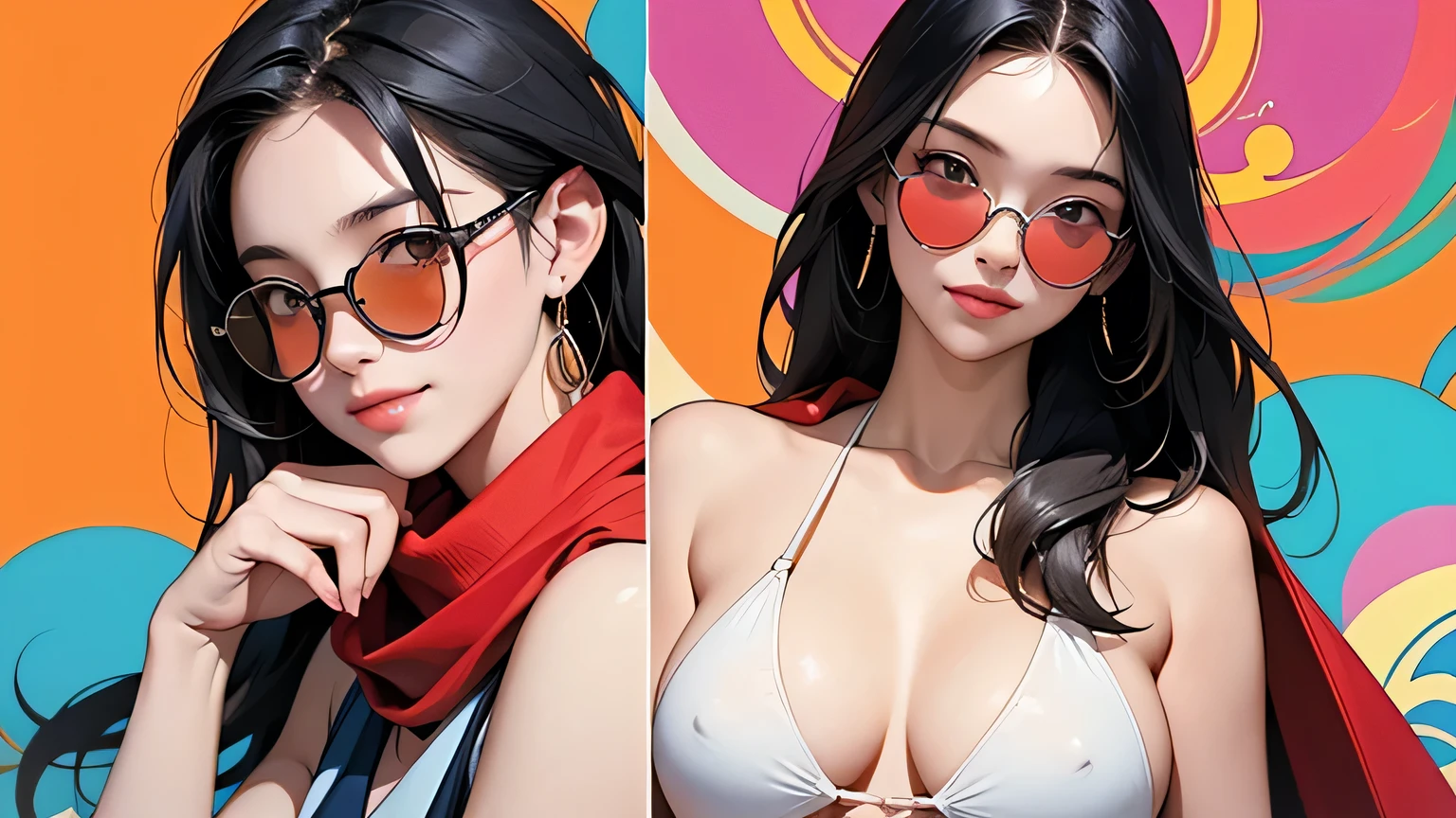 (masterpiece, best quality, 8k wallpaper, high resolution, ultra-realistic) Solo woman, Japanese girl, 18 years old, long hair, sunglasses, red long scarf around neck, (masterpiece: 1.2, best quality), (realistic, photorealistic: 1.4), (masterpiece, best quality), looking at you, navy blue school swimsuit, cleavage, D cup, sexy pose, kenpo pose, full body, best proportions, white skin, black hair, looking forward, smiling, 1970s sunglasses, psychedelic background