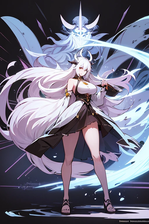 Cartoon drawing of a woman with long hair and horns, Concept art by Kamagurka, Pixiv, create, White-haired God, Full Body Commission, A strong and plump female magician, , Full-body portrait of an elementalist, Black Magician full body pose, Anime female full body art