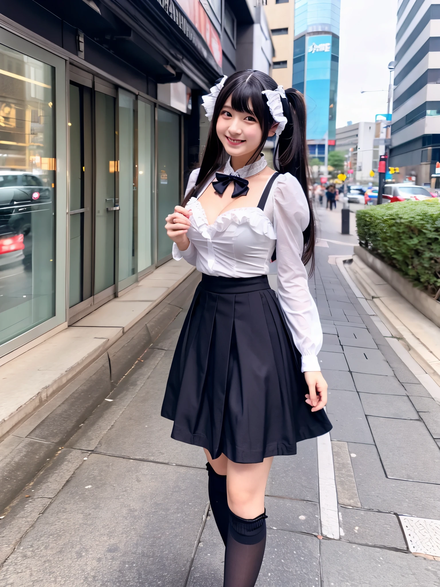 Cute face like an 18-year-old idol Smiling Kindly Japanese Gothic ta Cosplay Frills mini skirt I can see your pants Cleavage Walking on urban sidewalks Whole body RAW Photos High resolution Genuine live-action Accurate depiction Realistic