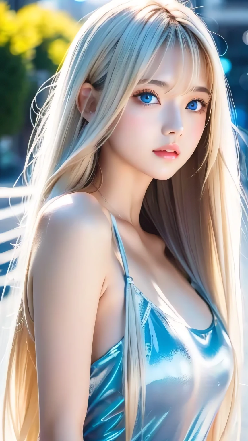 Shiny, clear, white skin、Windy hair gets in the way of a pretty face、Colossal、20 years old cute sexy little beautiful face、Beautiful straight hair that stands out、grow, Light blue eyes、Cute long silky bangs covering her eyes, Sexy face hiding hair super long hair sexy cute young woman long natural blonde shiny glossy hair