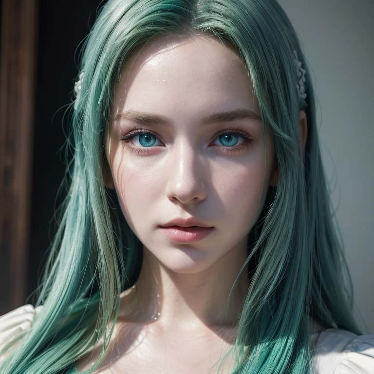 (best quality,4k,8k,highres,masterpiece:1.2),ultra-detailed,(realistic,photorealistic,photo-realistic:1.37),elegant dress, wide, green hair, blue eyes, blue eyes, white green haired ,illustration,stylized,fashion portrait,vibrant colors,soft lighting