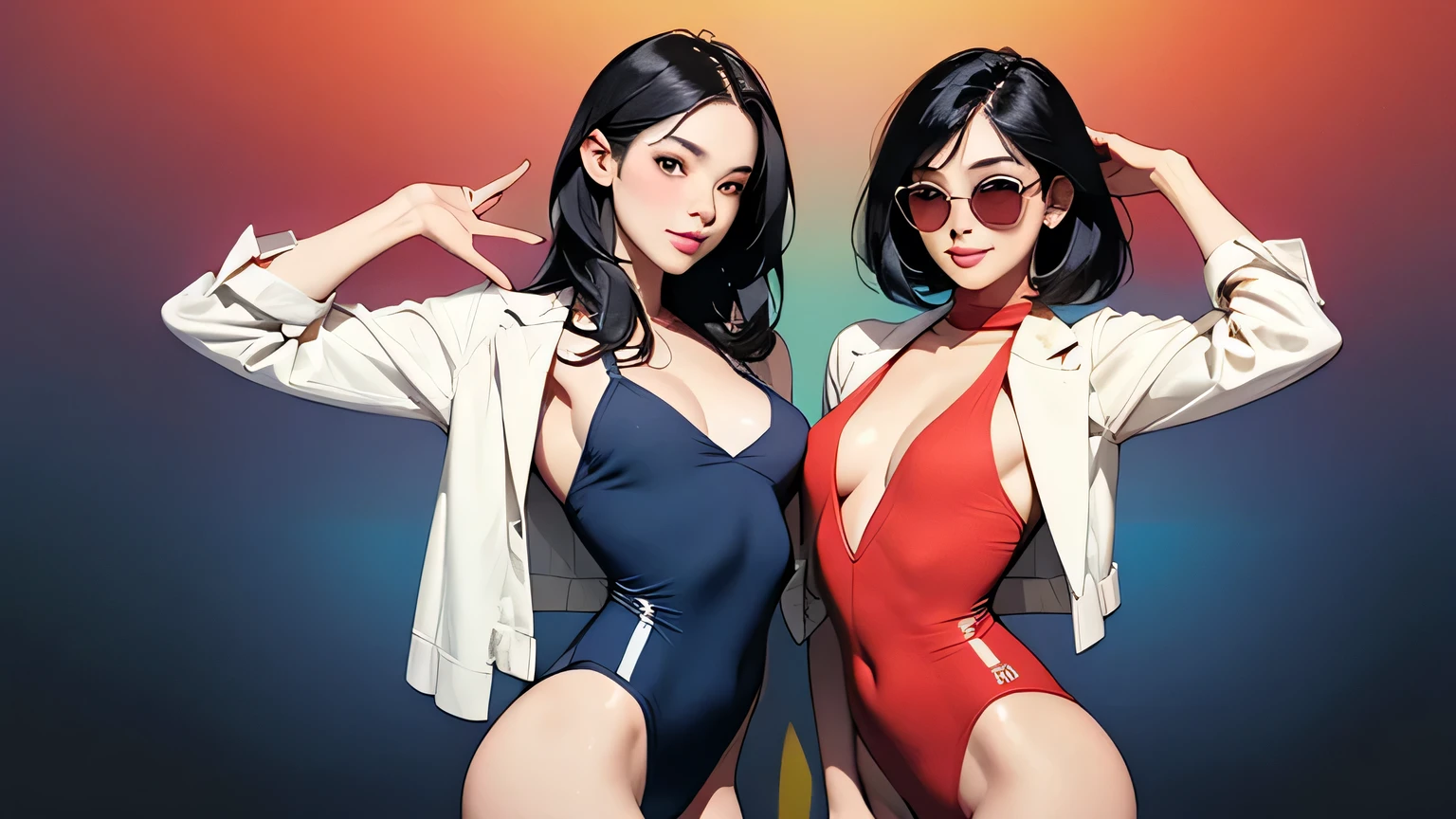 (masterpiece, best quality, 8k wallpaper, high resolution, ultra-realistic) Two women, Japanese girls, 18 years old, long hair and short hair, duo, sunglasses, red long scarf around neck, (masterpiece: 1.2, best quality), (realistic, photorealistic: 1.4), (masterpiece, best quality), looking at you, navy blue school swimsuit, cleavage, D cup, sexy pose, kenpo pose, full body, best proportions, white skin, black hair, looking forward, smiling, 1970s sunglasses, psychedelic background