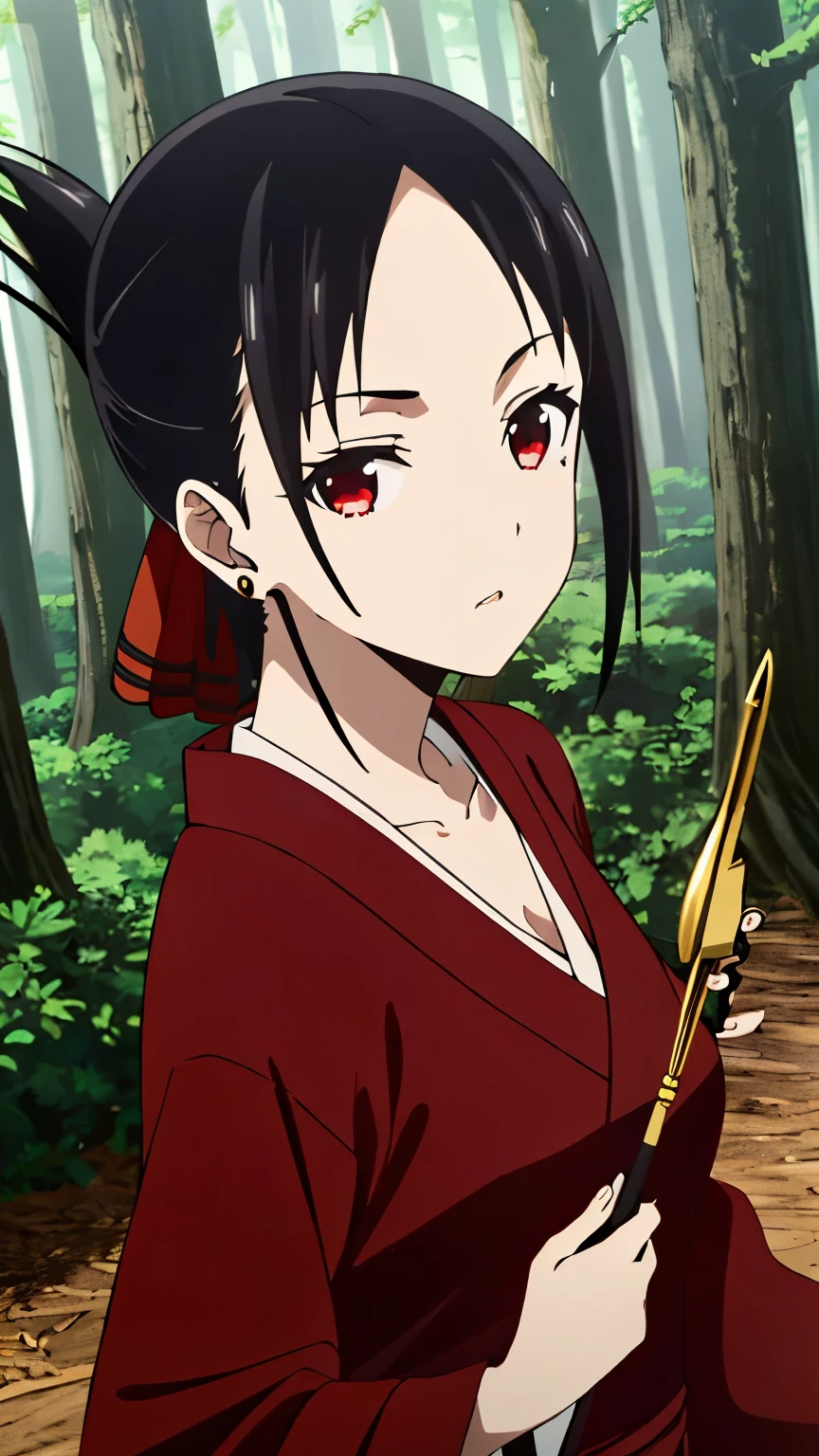 (best quality, masterpiece, 8k:1.2), detailed,
shinomiya kaguya,1girl, solo, black hair, red eyes, short hair, folded ponytail, red hair ribbon, (magician, black robe, earrings, magic wand, forest),
looking at the viewer, medium breasts, dynamic Angle, 