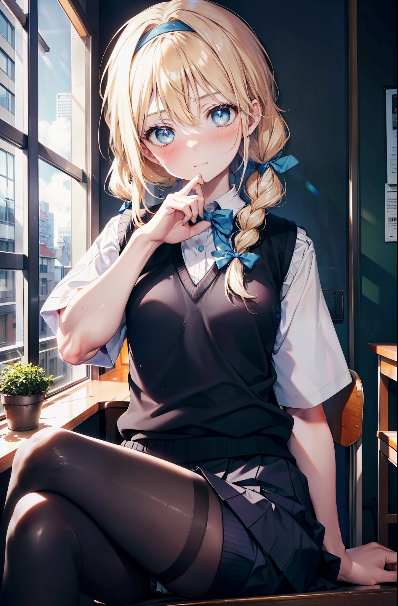 Arisburg, Alice Zuberg, bangs, blue eyes, Blonde Hair, Long Hair,Hair between the eyes,Long braids, hair band, white hair band,smile,blush,
break outside, Residential Street,city,break skirt, shirt, bow, ribbon, , white shirt, Short sleeve, Pleated skirt, collared shirt, mini skirt, bowtie, Black Loafers , Black Skirt, Black pantyhose, Brown loafers, green bow, Sweater vest, ( blue Sweater vest:1.5),sitting cross-legged on a chair,breakindoors ,School,classroom,
break looking at viewer, whole body,
break (masterpiece:1.2), highest quality, High resolution, unity 8k wallpaper, (shape:0.8), (Fine and beautiful eyes:1.6), Highly detailed face, Perfect lighting, Highly detailed CG, (Perfect hands, Perfect Anatomy),