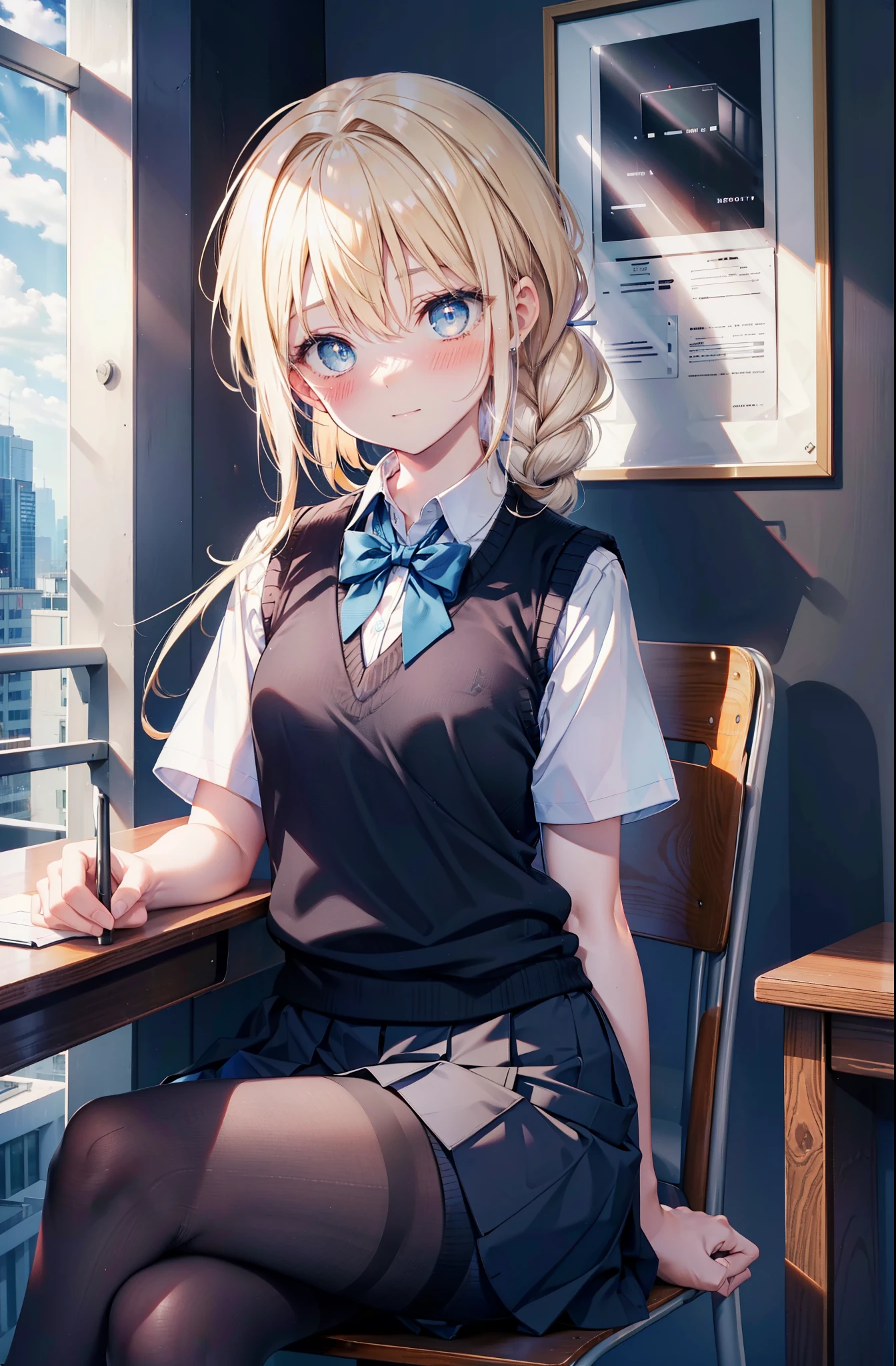 Arisburg, Alice Zuberg, bangs, blue eyes, Blonde Hair, Long Hair,Hair between the eyes,Long braids, hair band, white hair band,smile,blush,
break outside, Residential Street,city,break skirt, shirt, bow, ribbon, , white shirt, Short sleeve, Pleated skirt, collared shirt, mini skirt, bowtie, Black Loafers , Black Skirt, Black pantyhose, Brown loafers, green bow, Sweater vest, ( blue Sweater vest:1.5),sitting cross-legged on a chair,breakindoors ,School,classroom,
break looking at viewer, whole body,
break (masterpiece:1.2), highest quality, High resolution, unity 8k wallpaper, (shape:0.8), (Fine and beautiful eyes:1.6), Highly detailed face, Perfect lighting, Highly detailed CG, (Perfect hands, Perfect Anatomy),