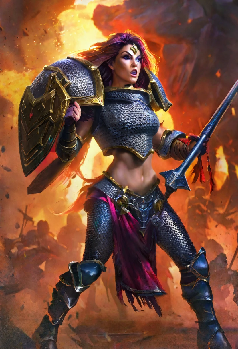 a female warrior, fantasy, ornate chainmail armor, lots of protective colorful clothing, wielding a Warhammer Bolter, detailed facial features, expressive eyes, dramatic lighting, cinematic perspective, intricate armor details, vibrant colors, epic fantasy scene, muscular female figure, heroic pose, scifi elements, detailed textures, photorealistic, 8k, best quality, masterpiece