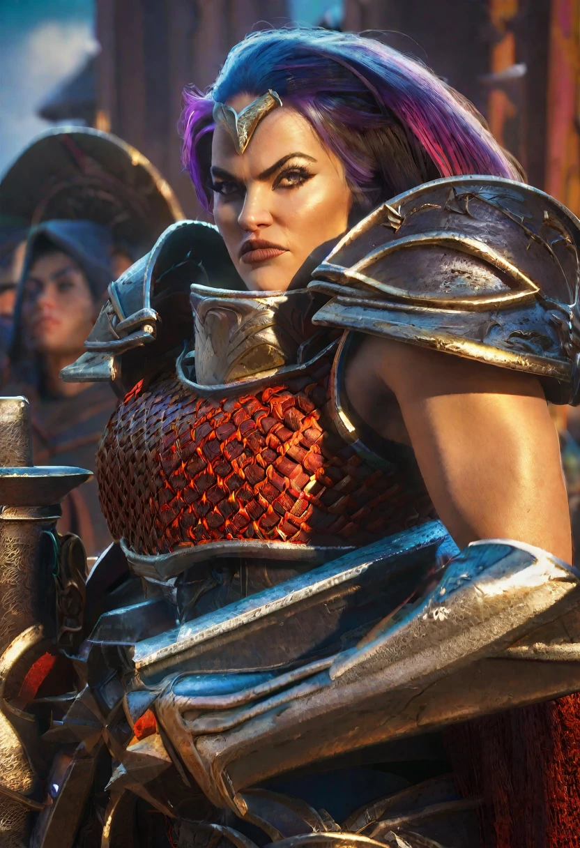a female warrior, fantasy, ornate chainmail armor, lots of protective colorful clothing, wielding a Warhammer Bolter, detailed facial features, expressive eyes, dramatic lighting, cinematic perspective, intricate armor details, vibrant colors, epic fantasy scene, muscular female figure, heroic pose, scifi elements, detailed textures, photorealistic, 8k, best quality, masterpiece