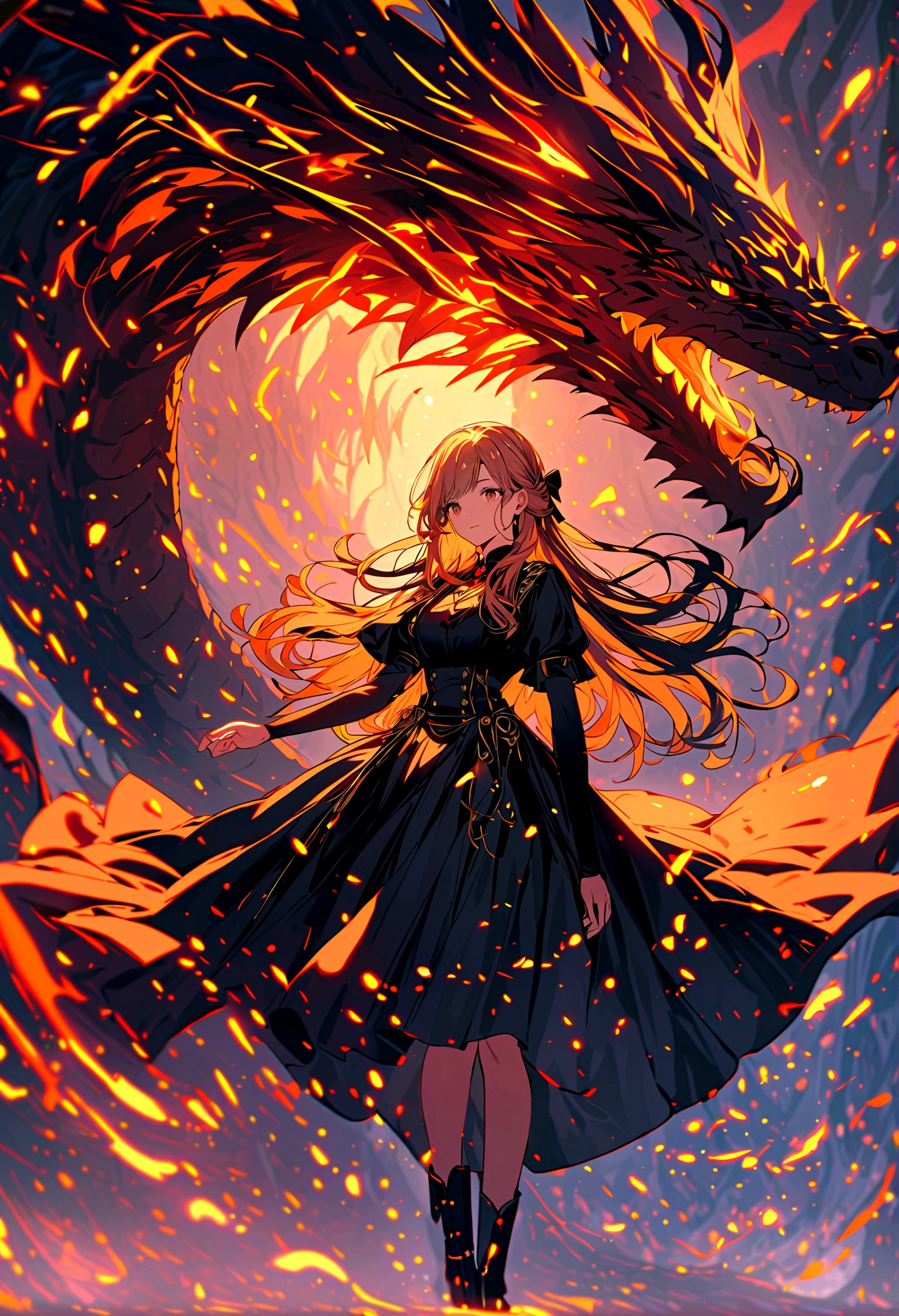 1 girl stand by a dragon,she hand a fire sward,dress a black skirt,so beautiful,8k,the best quality