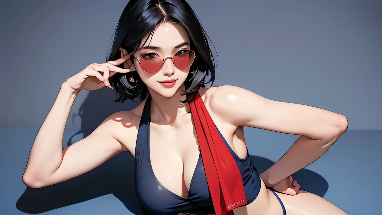 (masterpiece, best quality, 8k wallpaper, high resolution, ultra-realistic) Two women, Japanese girls, 18 years old, long hair and short hair, duo, sunglasses, red long scarf around neck, (masterpiece: 1.2, best quality), (realistic, photorealistic: 1.4), (masterpiece, best quality), looking at you, navy blue school swimsuit, cleavage, D cup, sexy pose, kenpo pose, full body, best proportions, white skin, black hair, looking forward, smiling, 1970s sunglasses, psychedelic background