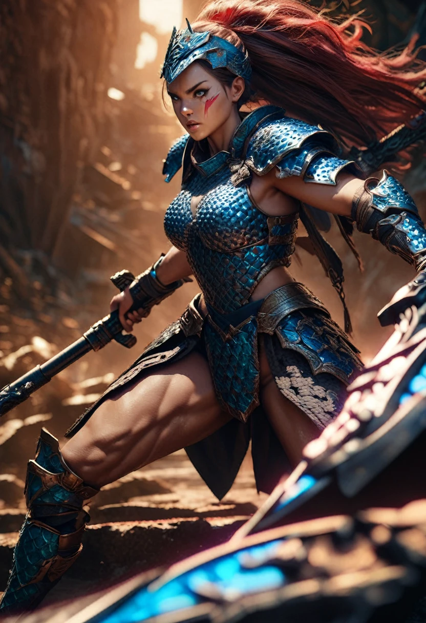 a female warrior, fantasy, ornate chainmail armor, lots of protective colorful clothing, wielding a Warhammer Bolter, detailed facial features, expressive eyes, dramatic lighting, cinematic perspective, intricate armor details, vibrant colors, epic fantasy scene, muscular female figure, heroic pose, scifi elements, detailed textures, photorealistic, 8k, best quality, masterpiece