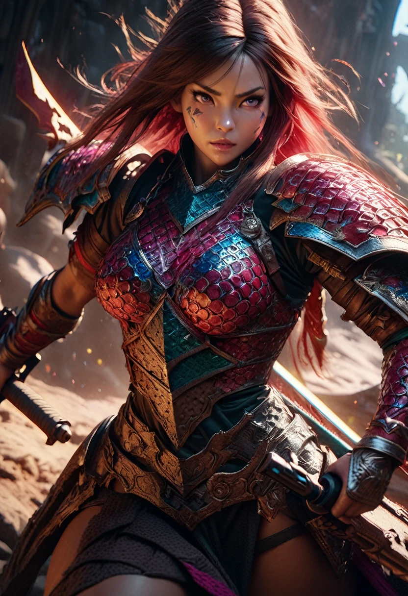 a female warrior, fantasy, ornate chainmail armor, lots of protective colorful clothing, wielding a Warhammer Bolter, detailed facial features, expressive eyes, dramatic lighting, cinematic perspective, intricate armor details, vibrant colors, epic fantasy scene, muscular female figure, heroic pose, scifi elements, detailed textures, photorealistic, 8k, best quality, masterpiece