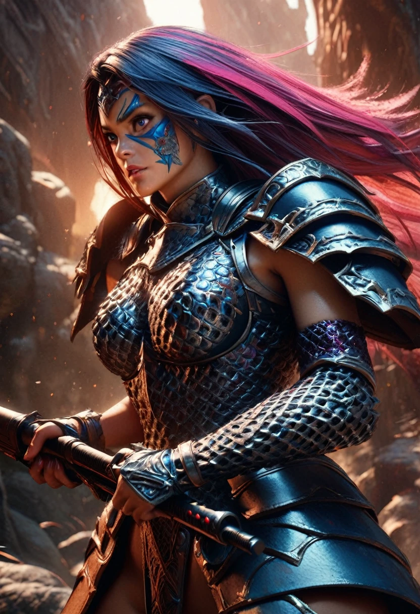 a female warrior, fantasy, ornate chainmail armor, lots of protective colorful clothing, wielding a Warhammer Bolter, detailed facial features, expressive eyes, dramatic lighting, cinematic perspective, intricate armor details, vibrant colors, epic fantasy scene, muscular female figure, heroic pose, scifi elements, detailed textures, photorealistic, 8k, best quality, masterpiece