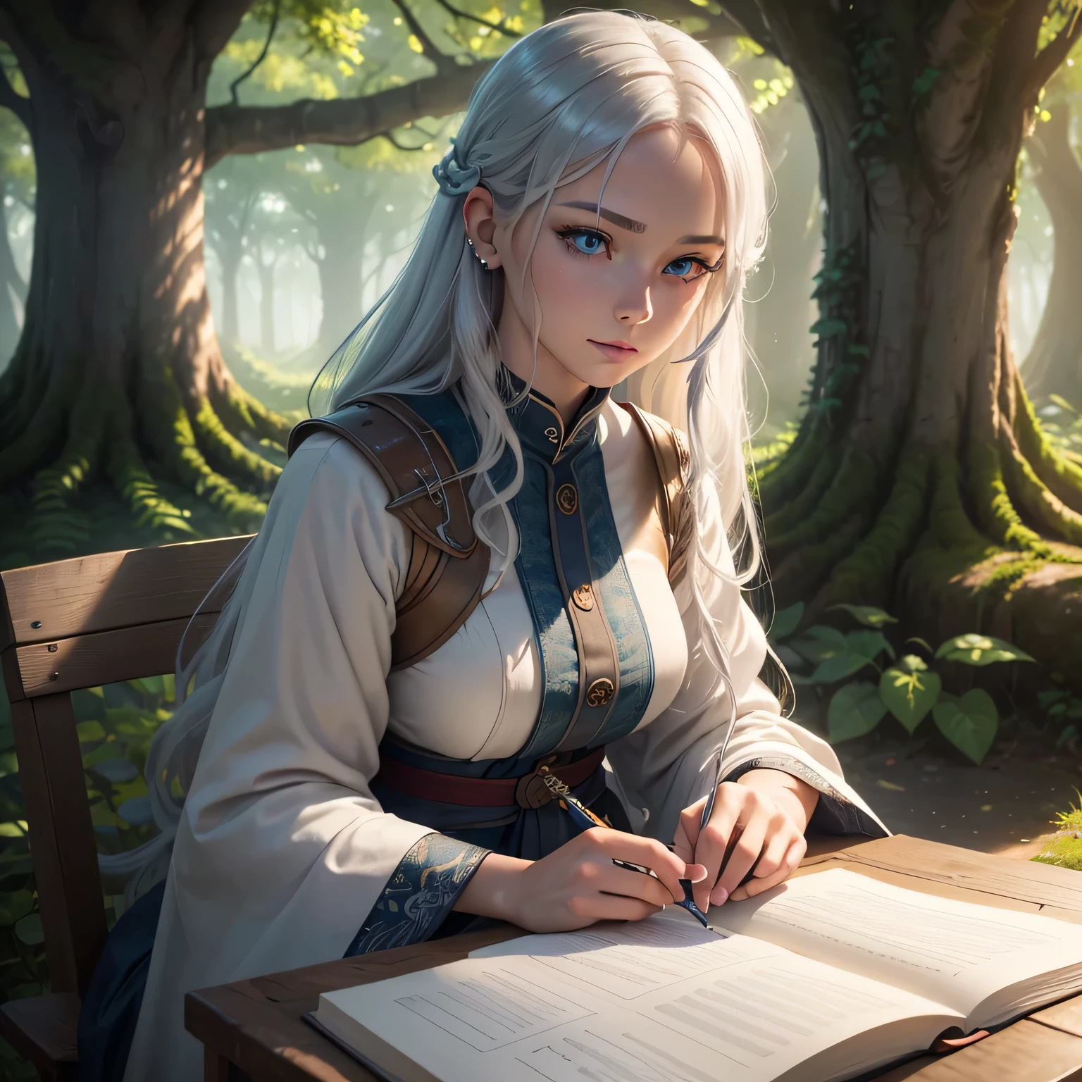 a 16 year old kitsune girl with flowing wispy white hair and piercing blue eyes, writing diligently in a notebook, comfortably settled under the shelter of a mature sprawling tree, cinematic lighting, ultra detailed, masterpiece, photorealistic, vibrant colors, dramatic lighting, beautiful detailed eyes, beautiful detailed lips, extremely detailed face and eyes, long eyelashes, elegant pose, serene expression, detailed foliage, lush greenery, sunlight filtering through leaves, natural textures, digital art