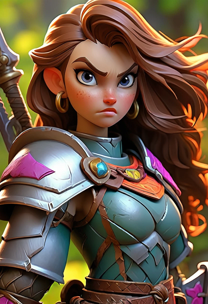 a female warrior, fantasy, ornate chainmail armor, lots of protective colorful clothing, wielding a Warhammer Bolter, detailed facial features, expressive eyes, dramatic lighting, cinematic perspective, intricate armor details, vibrant colors, epic fantasy scene, muscular female figure, heroic pose, scifi elements, detailed textures, photorealistic, 8k, best quality, masterpiece
