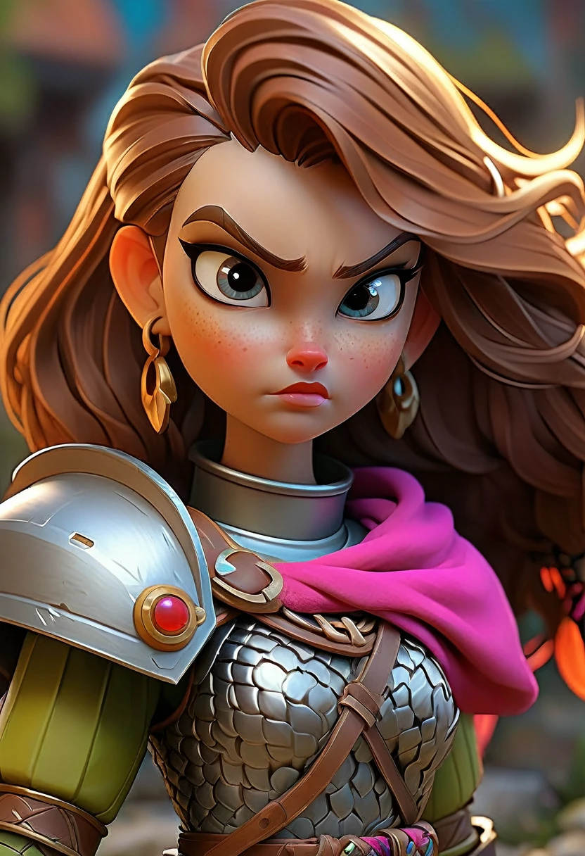 a female warrior, fantasy, ornate chainmail armor, lots of protective colorful clothing, wielding a Warhammer Bolter, detailed facial features, expressive eyes, dramatic lighting, cinematic perspective, intricate armor details, vibrant colors, epic fantasy scene, muscular female figure, heroic pose, scifi elements, detailed textures, photorealistic, 8k, best quality, masterpiece
