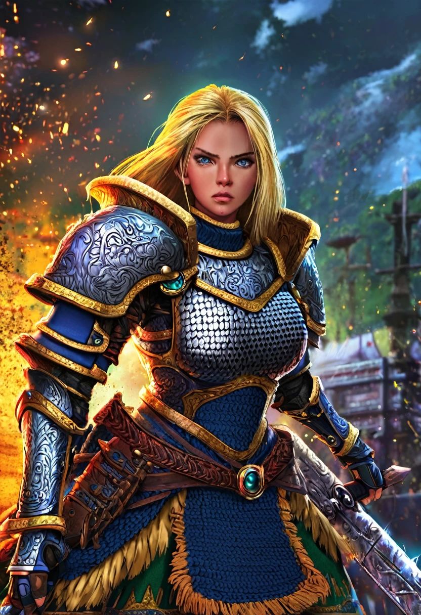 a female warrior, fantasy, ornate chainmail armor, lots of protective colorful clothing, wielding a Warhammer Bolter, detailed facial features, expressive eyes, dramatic lighting, cinematic perspective, intricate armor details, vibrant colors, epic fantasy scene, muscular female figure, heroic pose, scifi elements, detailed textures, photorealistic, 8k, best quality, masterpiece
