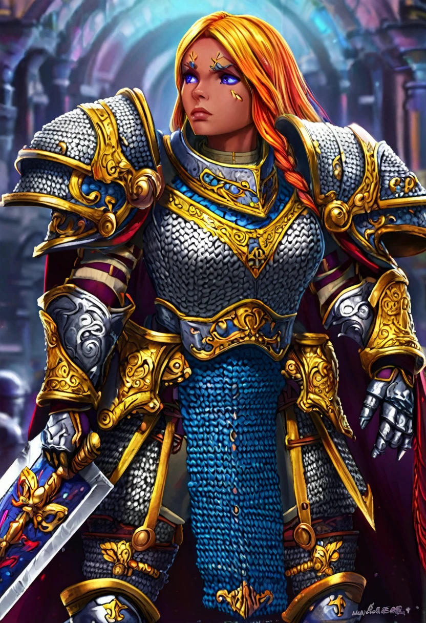 a female warrior, fantasy, ornate chainmail armor, lots of protective colorful clothing, wielding a Warhammer Bolter, detailed facial features, expressive eyes, dramatic lighting, cinematic perspective, intricate armor details, vibrant colors, epic fantasy scene, muscular female figure, heroic pose, scifi elements, detailed textures, photorealistic, 8k, best quality, masterpiece
