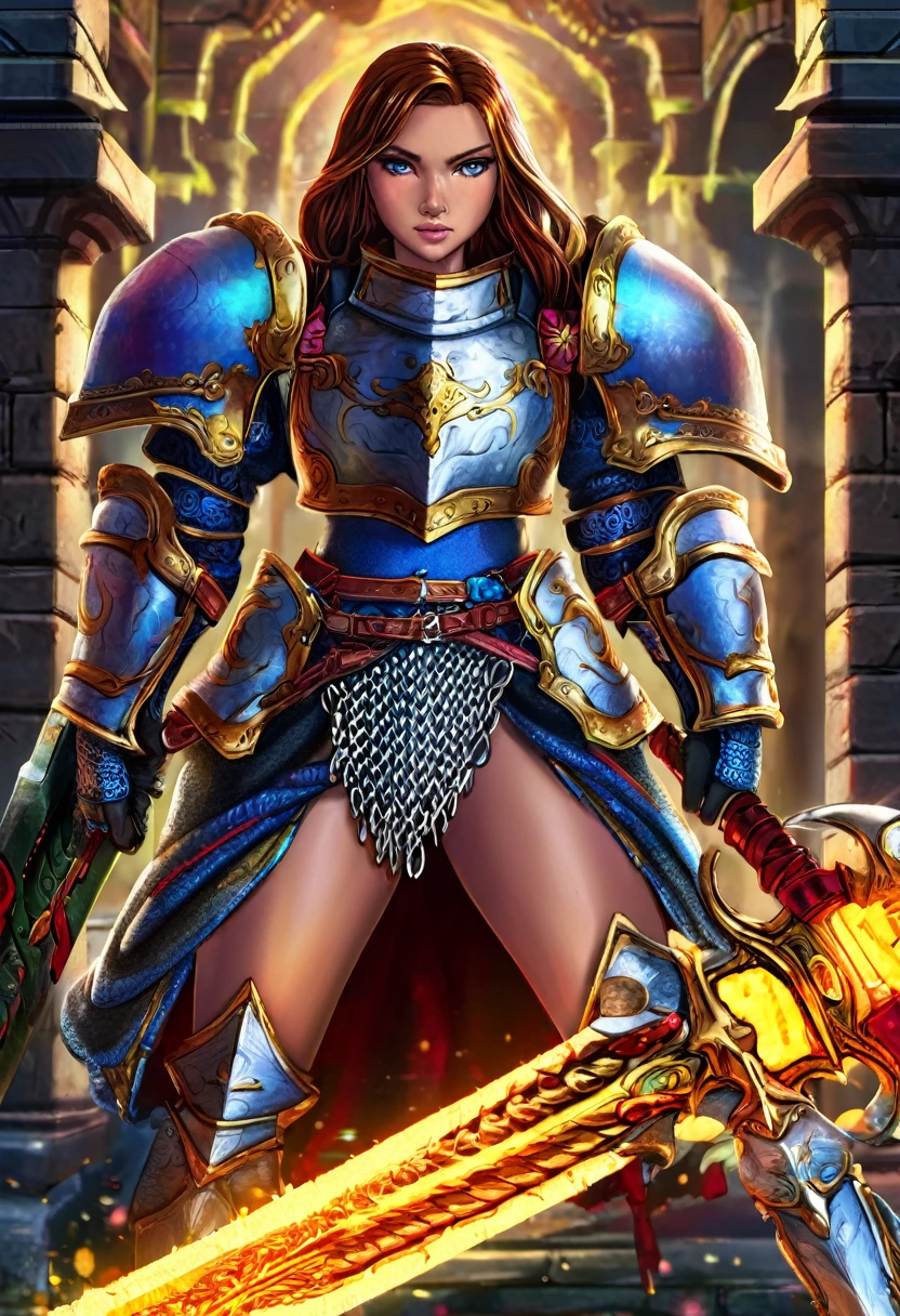a female warrior, fantasy, ornate chainmail armor, lots of protective colorful clothing, wielding a Warhammer Bolter, detailed facial features, expressive eyes, dramatic lighting, cinematic perspective, intricate armor details, vibrant colors, epic fantasy scene, muscular female figure, heroic pose, scifi elements, detailed textures, photorealistic, 8k, best quality, masterpiece
