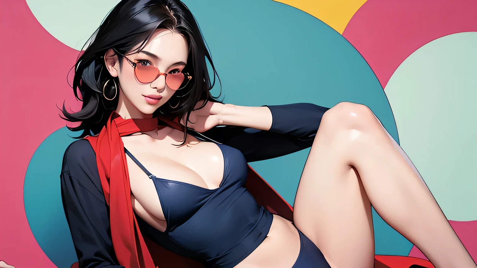 (masterpiece, best quality, 8k wallpaper, high resolution, ultra-realistic) Two women, Japanese girls, 18 years old, long hair and short hair, duo, sunglasses, red long scarf around neck, (masterpiece: 1.2, best quality), (realistic, photorealistic: 1.4), (masterpiece, best quality), looking at you, navy blue school swimsuit, cleavage, D cup, sexy pose, kenpo pose, full body, best proportions, white skin, black hair, looking forward, smiling, 1970s sunglasses, psychedelic background